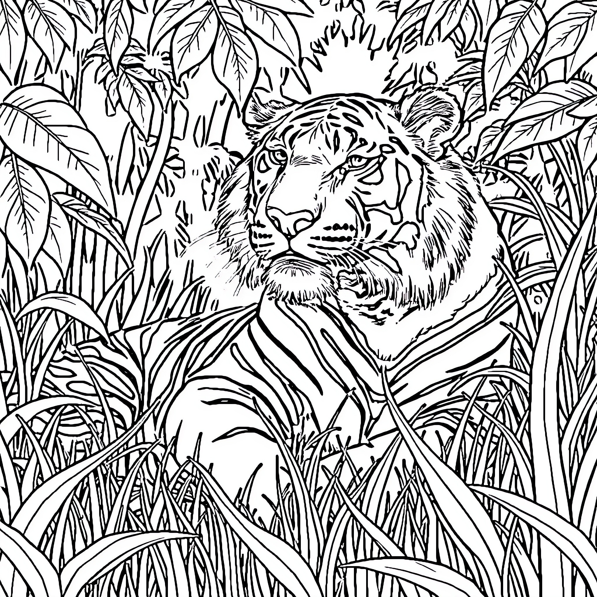 Tiger Hiding in the Lush Jungle Foliage Coloring Page (free black-and-white line drawing printable PDF for all, from beginners to advanced learners, including children, teens, adults, and seniors)