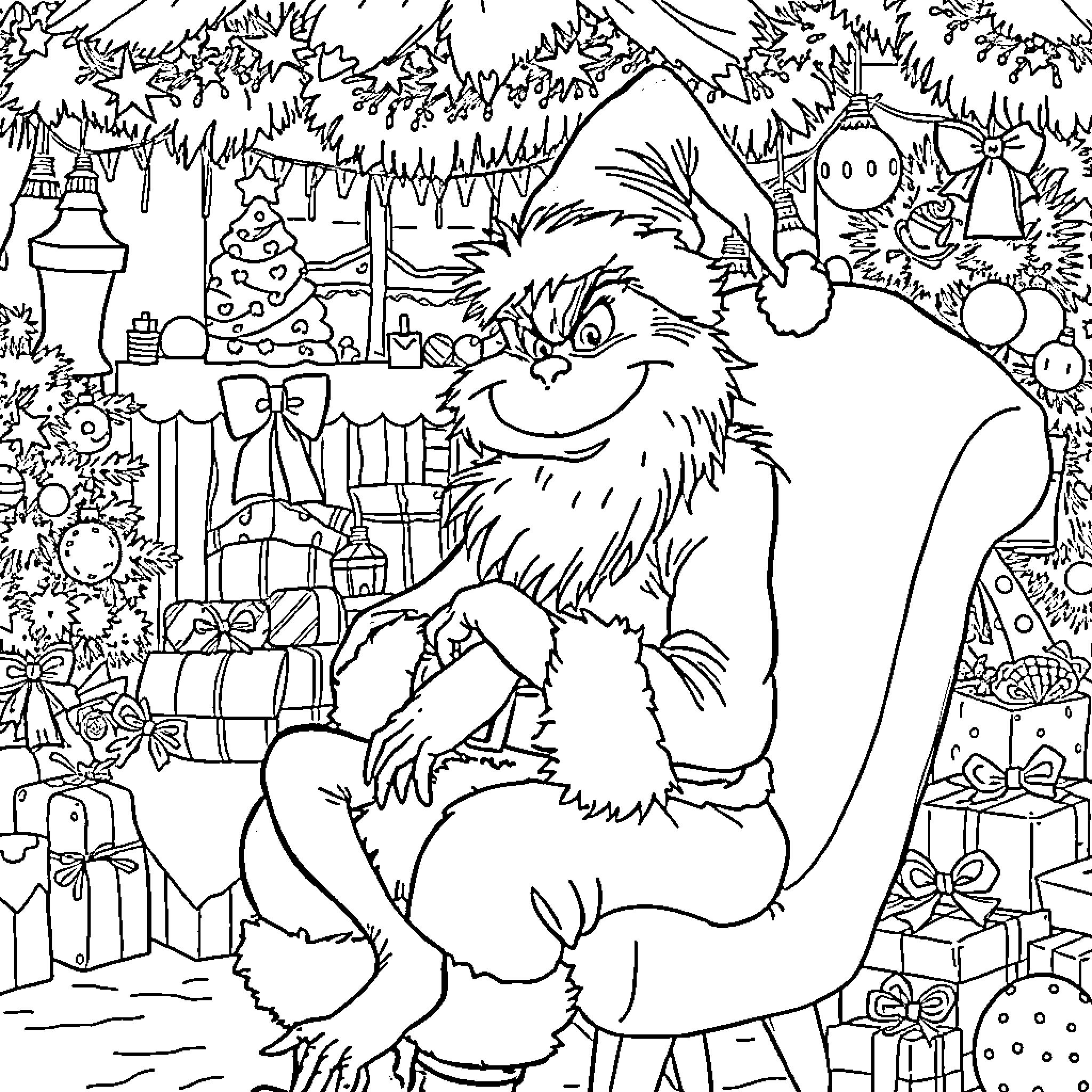 Grinch enjoying the holiday spirit with festive decorations Coloring Page (free black-and-white line drawing printable PDF for all, from beginners to advanced learners, including children, teens, adults, and seniors)