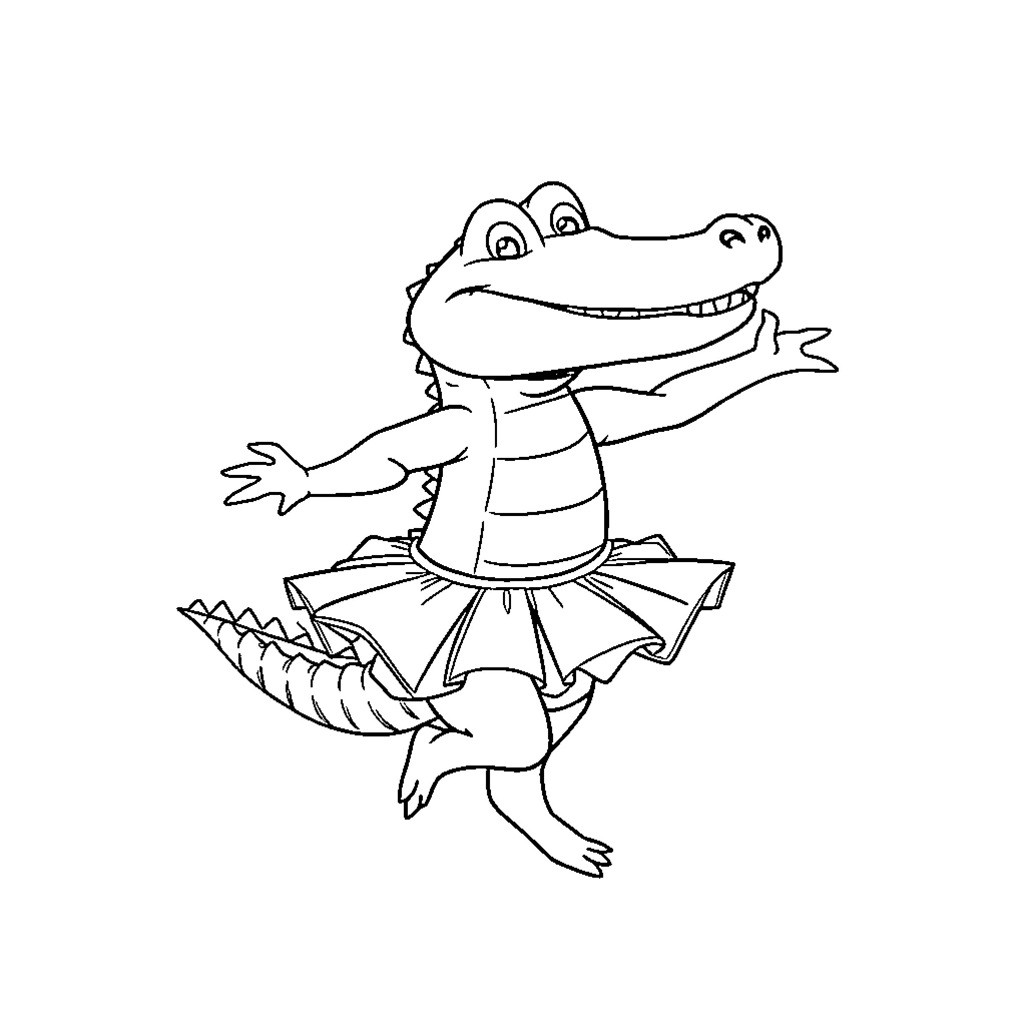 Crocodile dancing in a tutu Coloring Page (free black-and-white line drawing printable PDF for all, from beginners to advanced learners, including children, teens, adults, and seniors)