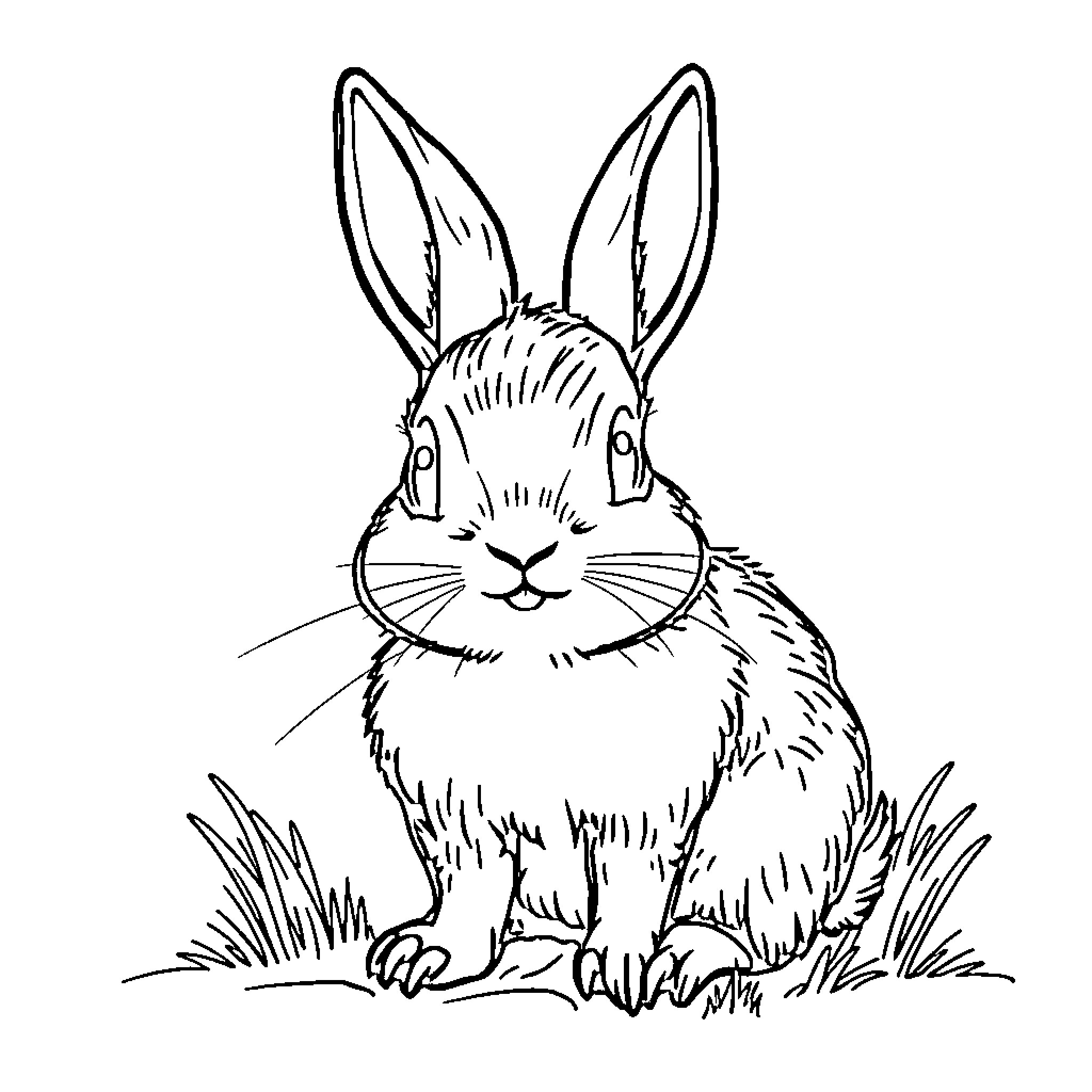 Conejo sitting calmly in the grass Coloring Page (free black-and-white line drawing printable PDF for all, from beginners to advanced learners, including children, teens, adults, and seniors)