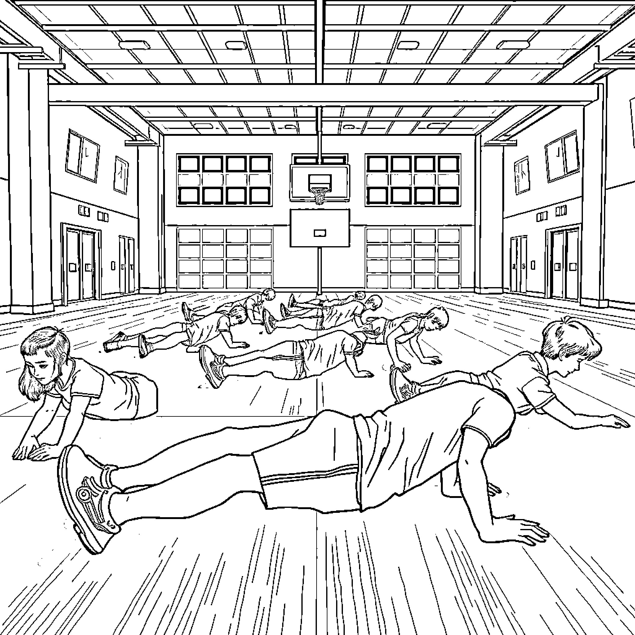 Students exercising diligently in school gymnasium Coloring Page (free black-and-white line drawing printable PDF for all, from beginners to advanced learners, including children, teens, adults, and seniors)