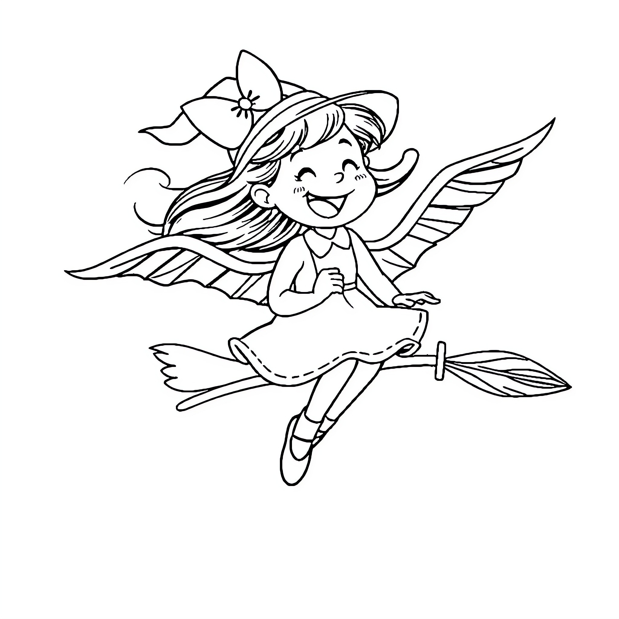 Kiki's Joyful Fairy Flight Coloring Page (free black-and-white line drawing printable PDF for all, from beginners to advanced learners, including children, teens, adults, and seniors)