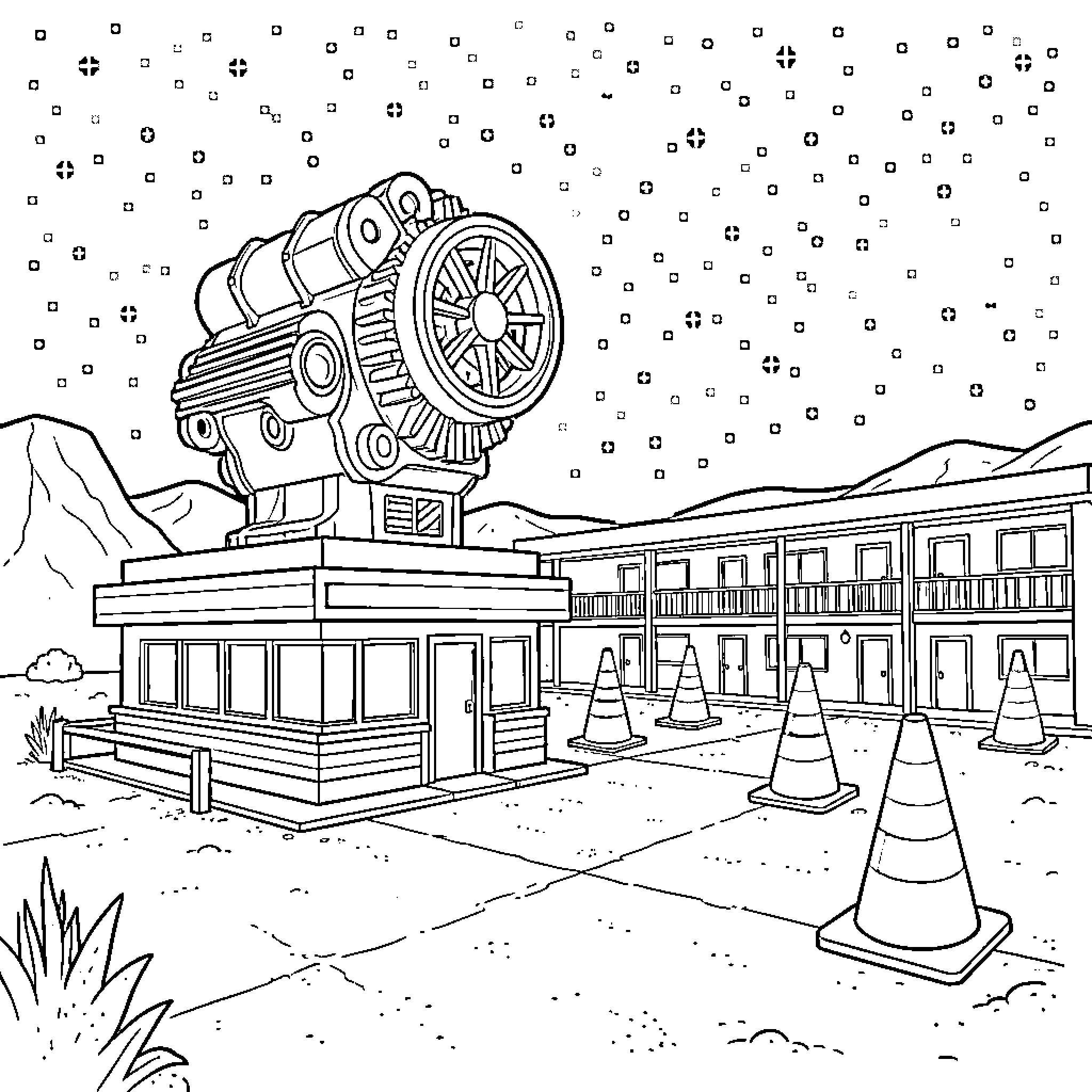 Diner situated under a starry sky with large cones Coloring Page (free black-and-white line drawing printable PDF for all, from beginners to advanced learners, including children, teens, adults, and seniors)