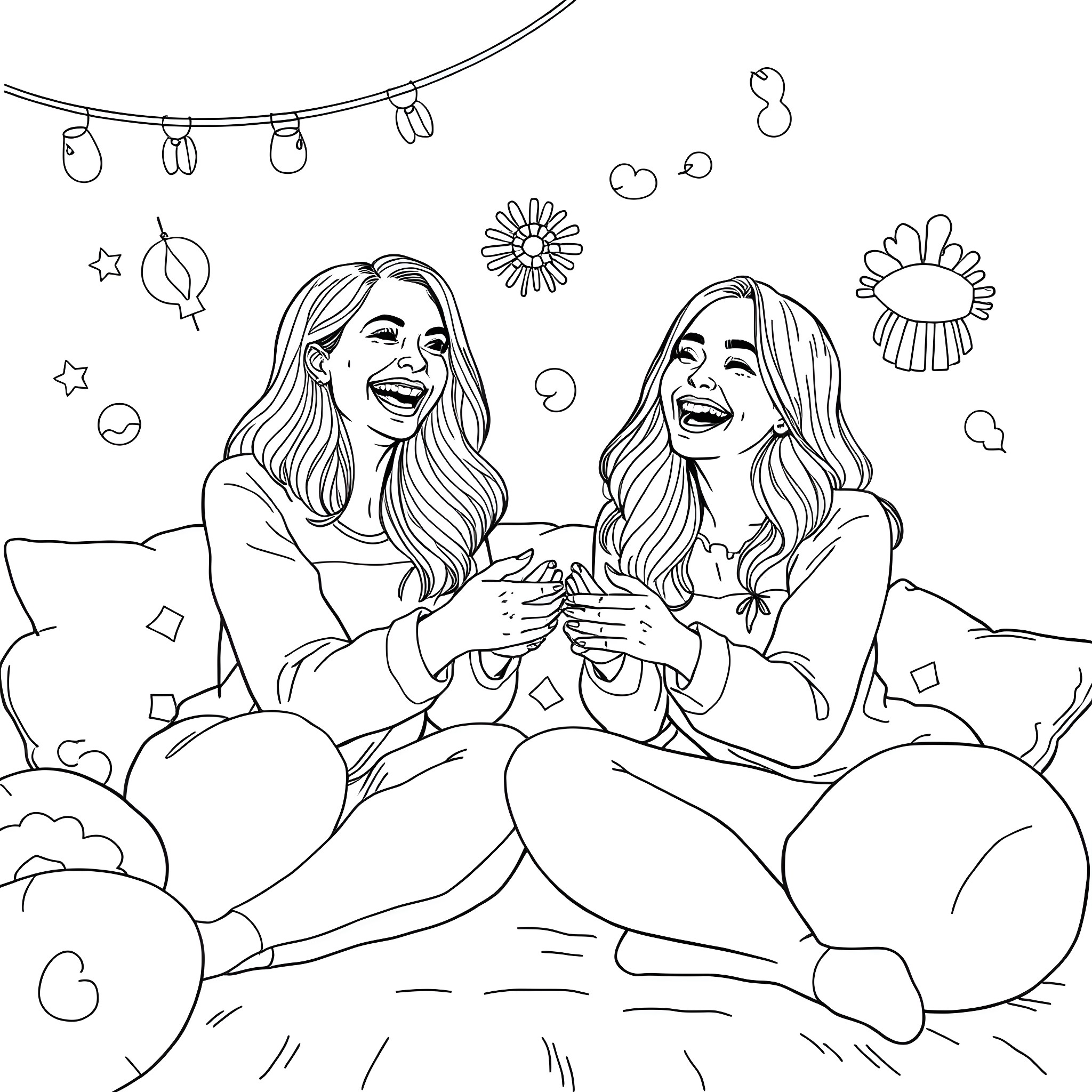 Women enjoying a sunny day outdoors Coloring Page (free black-and-white line drawing printable PDF for all, from beginners to advanced learners, including children, teens, adults, and seniors)