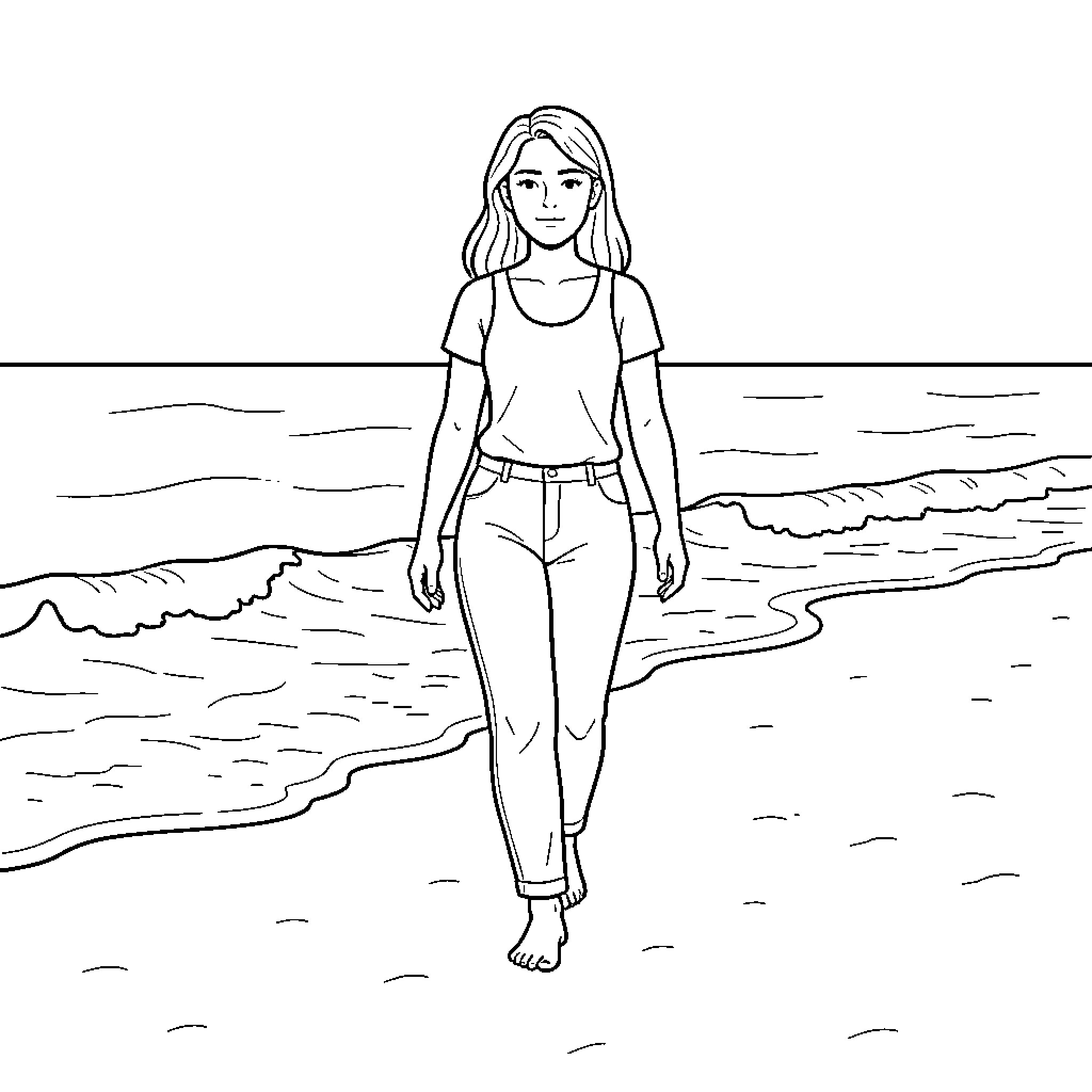 Woman walking barefoot along the ocean shore Coloring Page (free black-and-white line drawing printable PDF for all, from beginners to advanced learners, including children, teens, adults, and seniors)