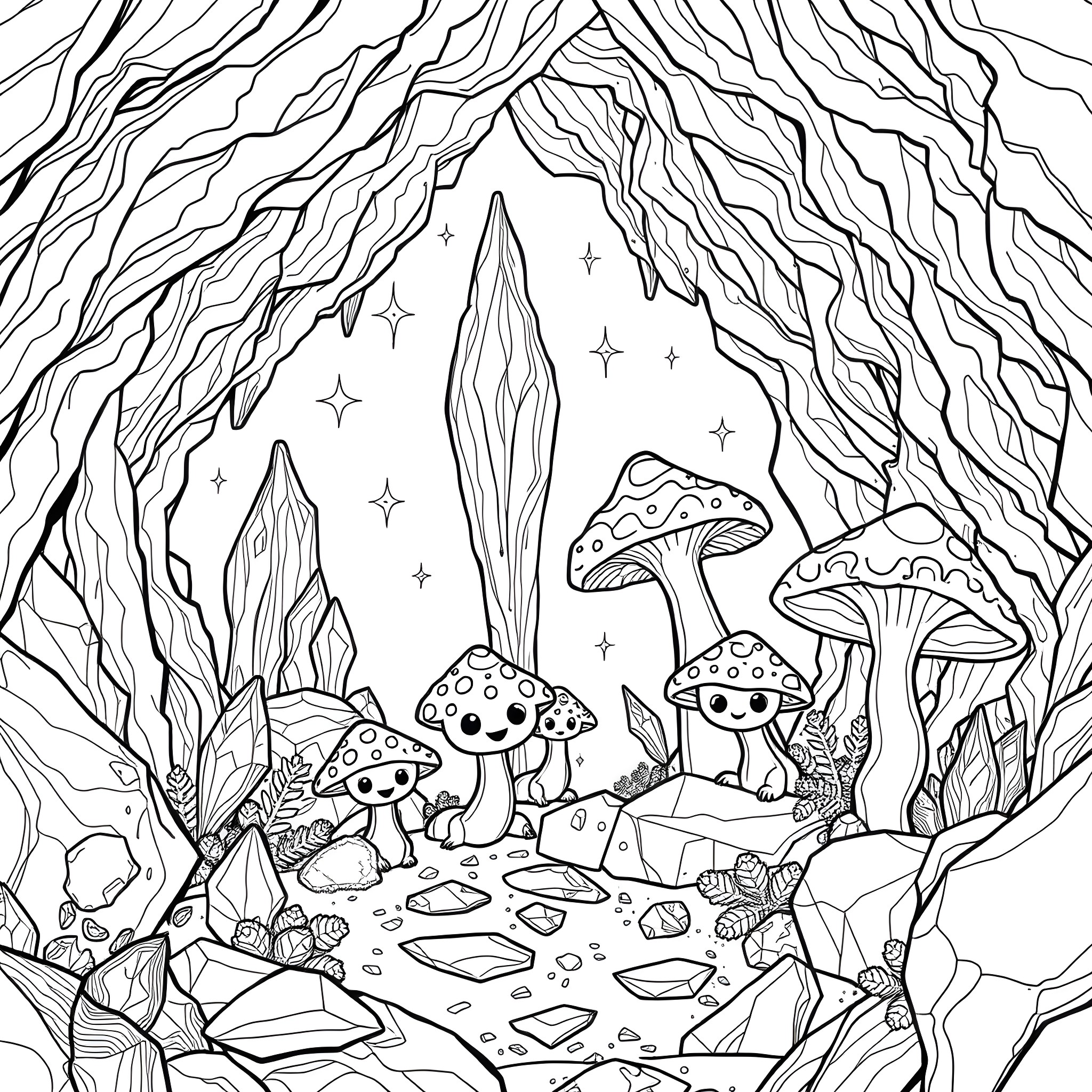 Fungaloid Enchanted Mushroom Forest Coloring Page (free black-and-white line drawing printable PDF for all, from beginners to advanced learners, including children, teens, adults, and seniors)