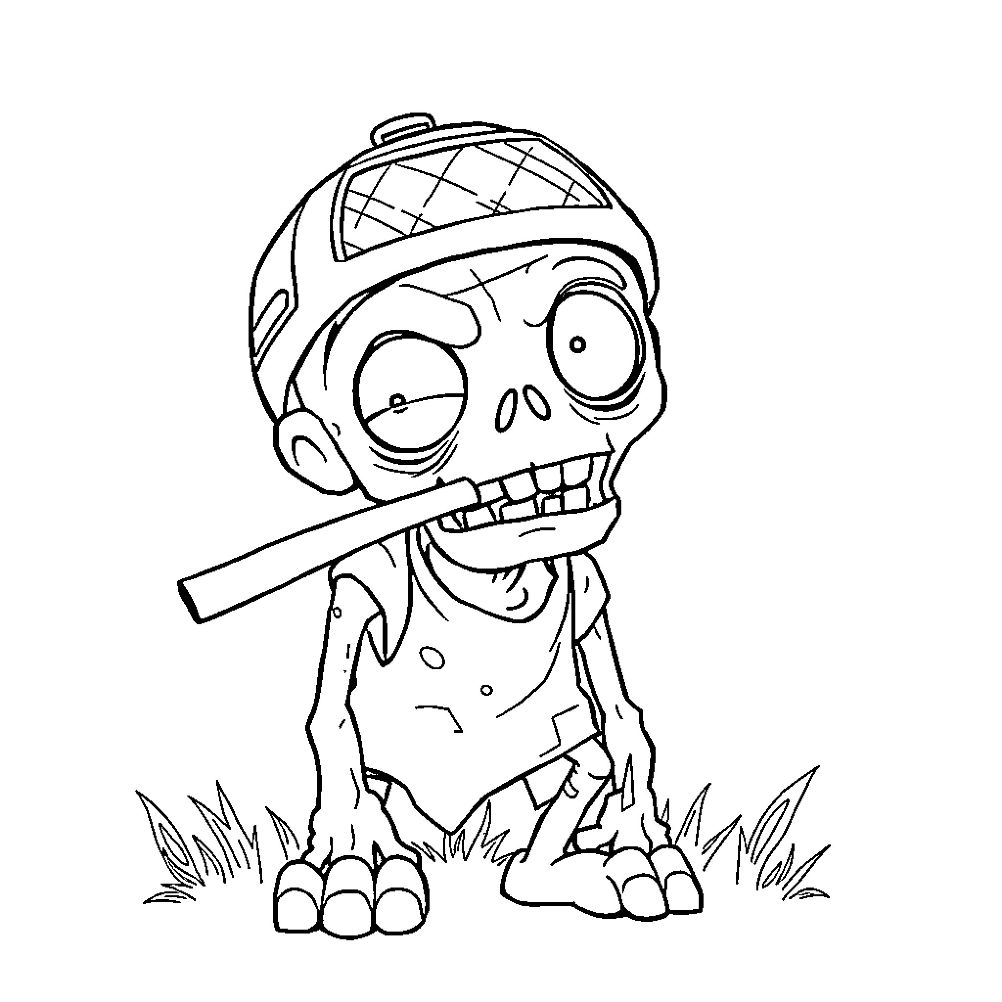 Zombie Baseball Player in the Grass Coloring Page (free black-and-white line drawing printable PDF for all, from beginners to advanced learners, including children, teens, adults, and seniors)