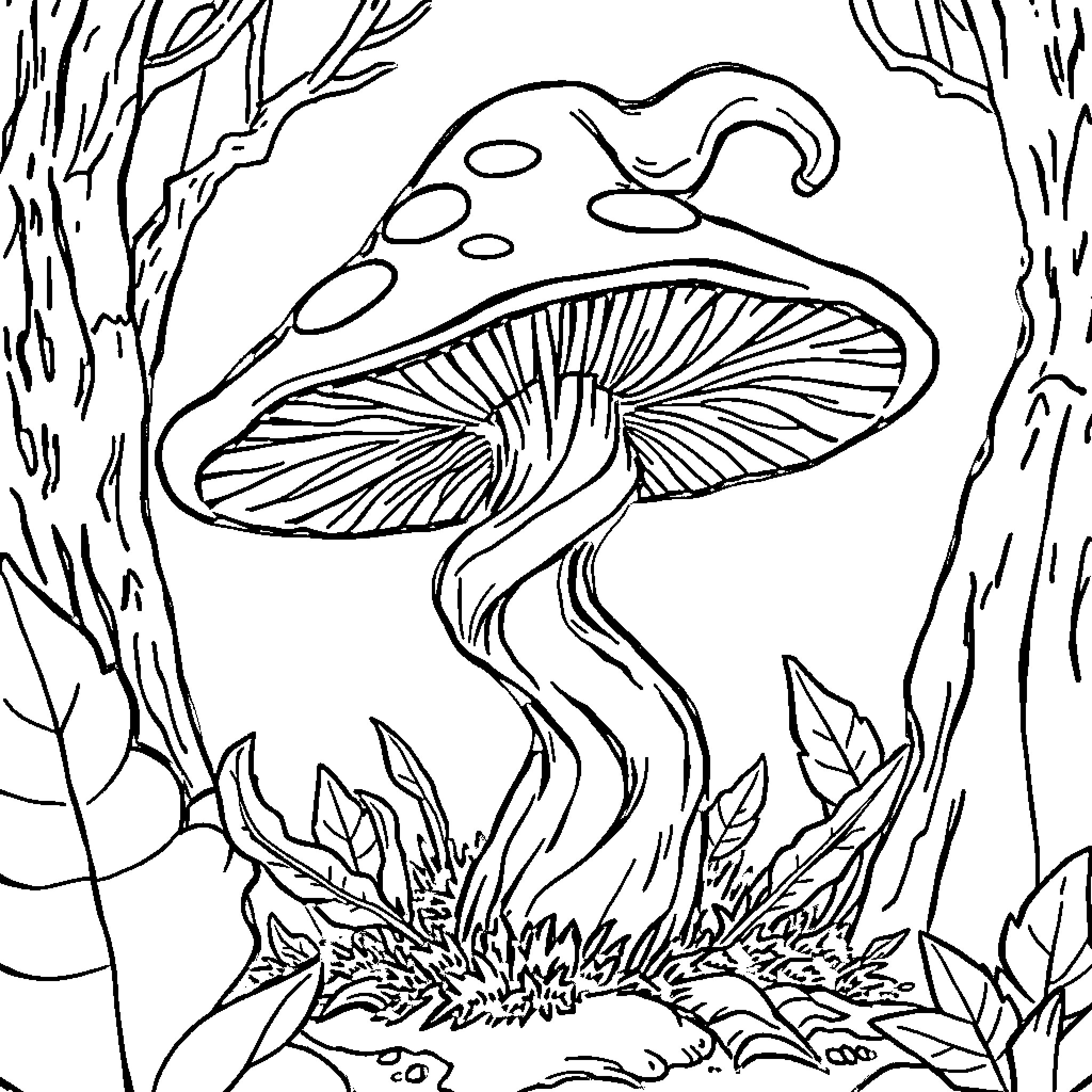 Mushroom growing in enchanted forest Coloring Page (free black-and-white line drawing printable PDF for all, from beginners to advanced learners, including children, teens, adults, and seniors)
