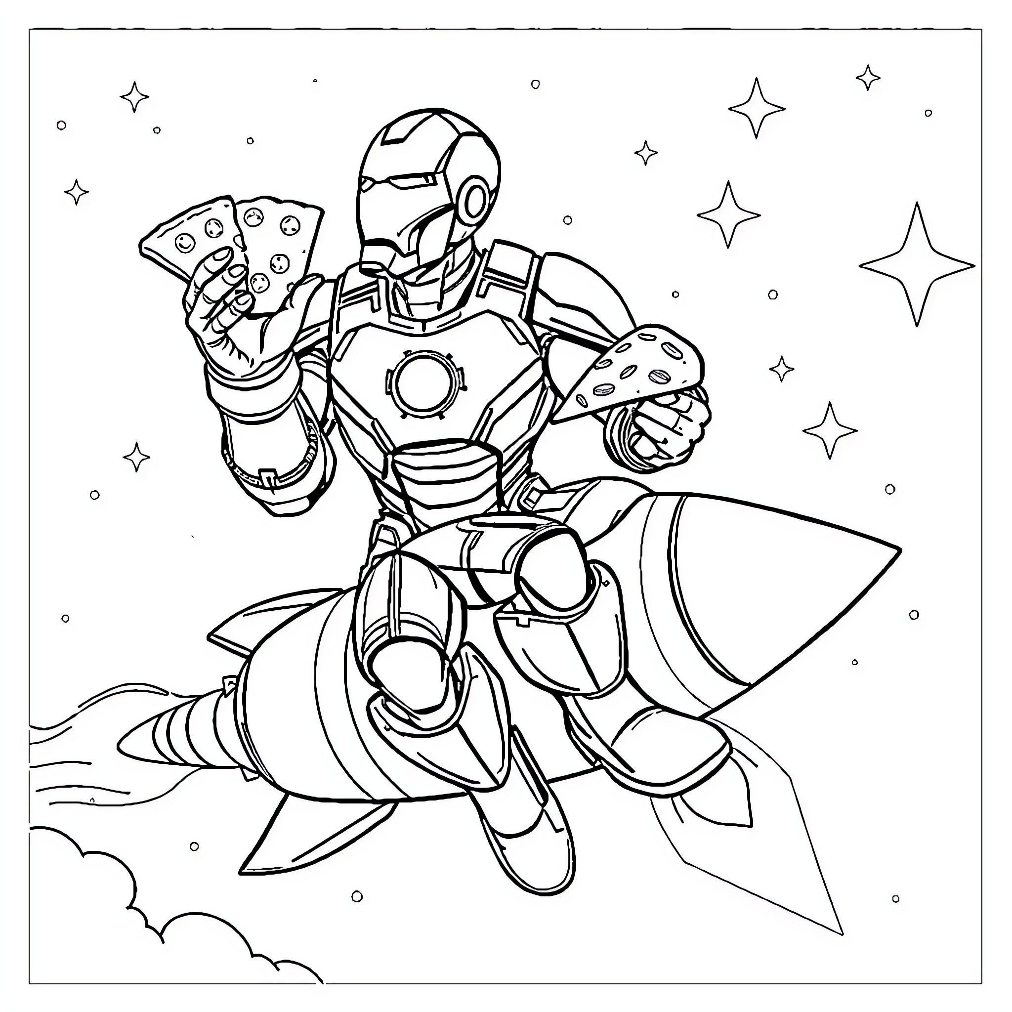 Ironman Soaring Through the Cosmos with Cosmic Energy Coloring Page (free black-and-white line drawing printable PDF for all, from beginners to advanced learners, including children, teens, adults, and seniors)