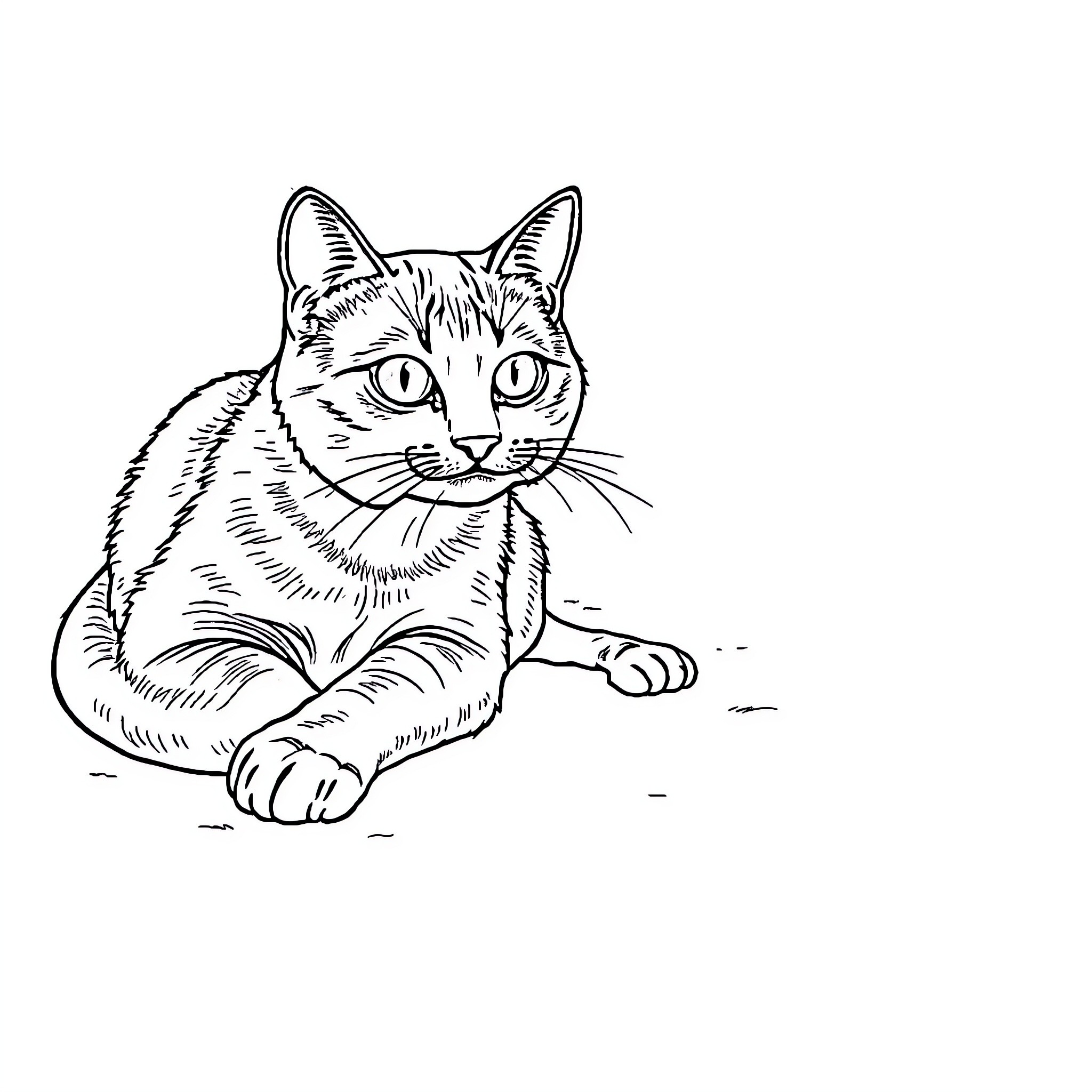 Cat sitting attentively Coloring Page (free black-and-white line drawing printable PDF for all, from beginners to advanced learners, including children, teens, adults, and seniors)