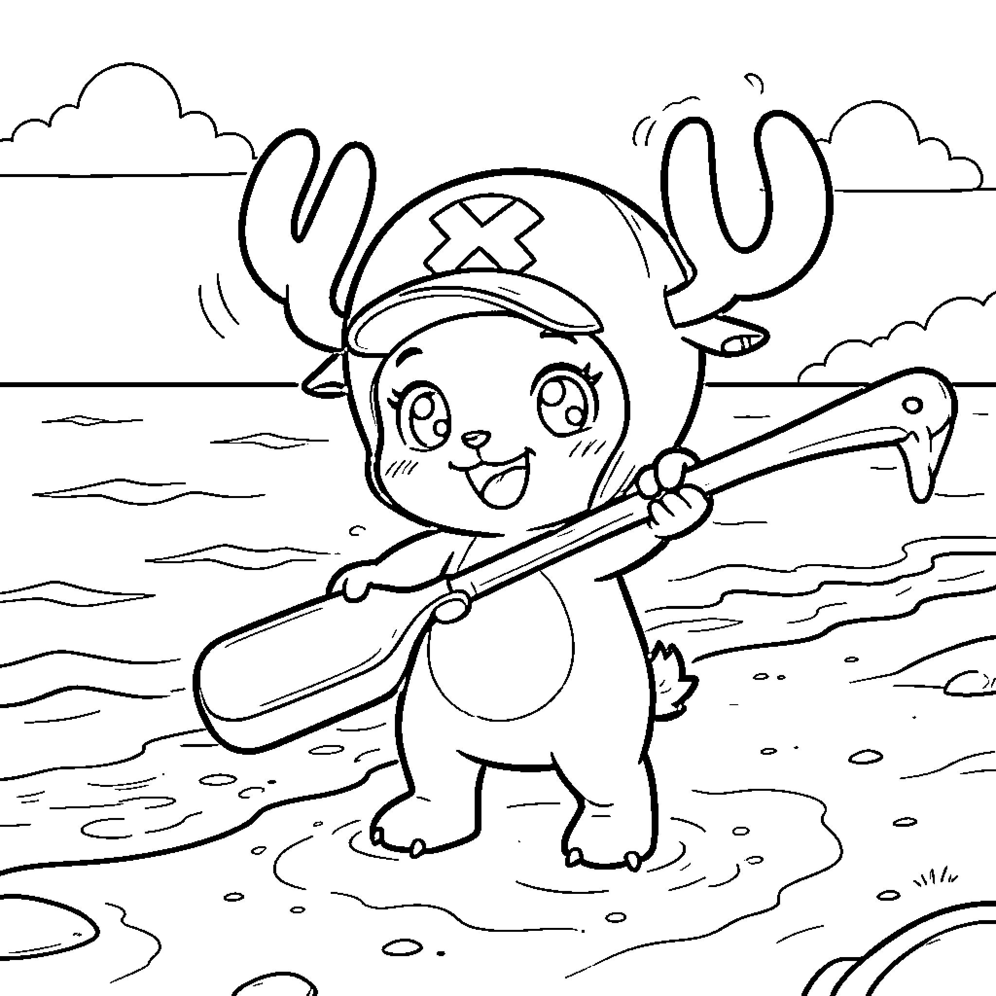 Tony Tony Chopper holding a paddle on the beach Coloring Page (free black-and-white line drawing printable PDF for all, from beginners to advanced learners, including children, teens, adults, and seniors)