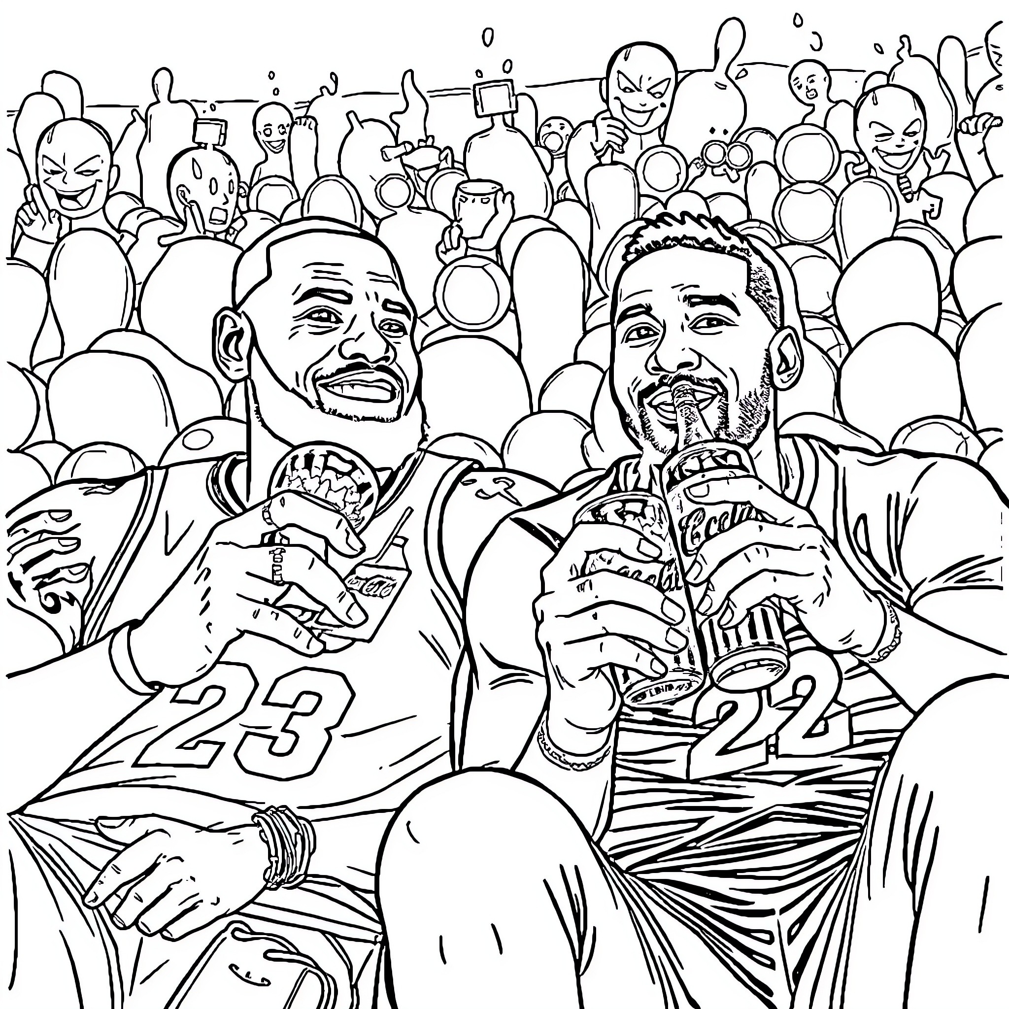 LeBron James and Anthony Davis Celebrate Championship Victory Coloring Page (free black-and-white line drawing printable PDF for all, from beginners to advanced learners, including children, teens, adults, and seniors)