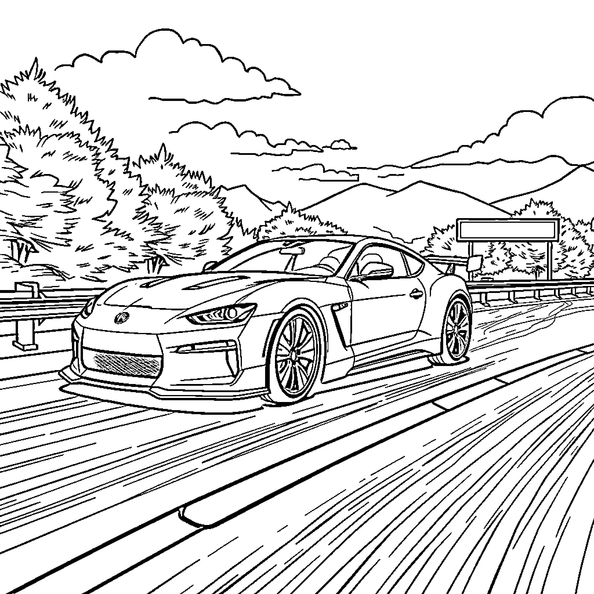 Car speeding on the highway through a scenic landscape Coloring Page (free black-and-white line drawing printable PDF for all, from beginners to advanced learners, including children, teens, adults, and seniors)