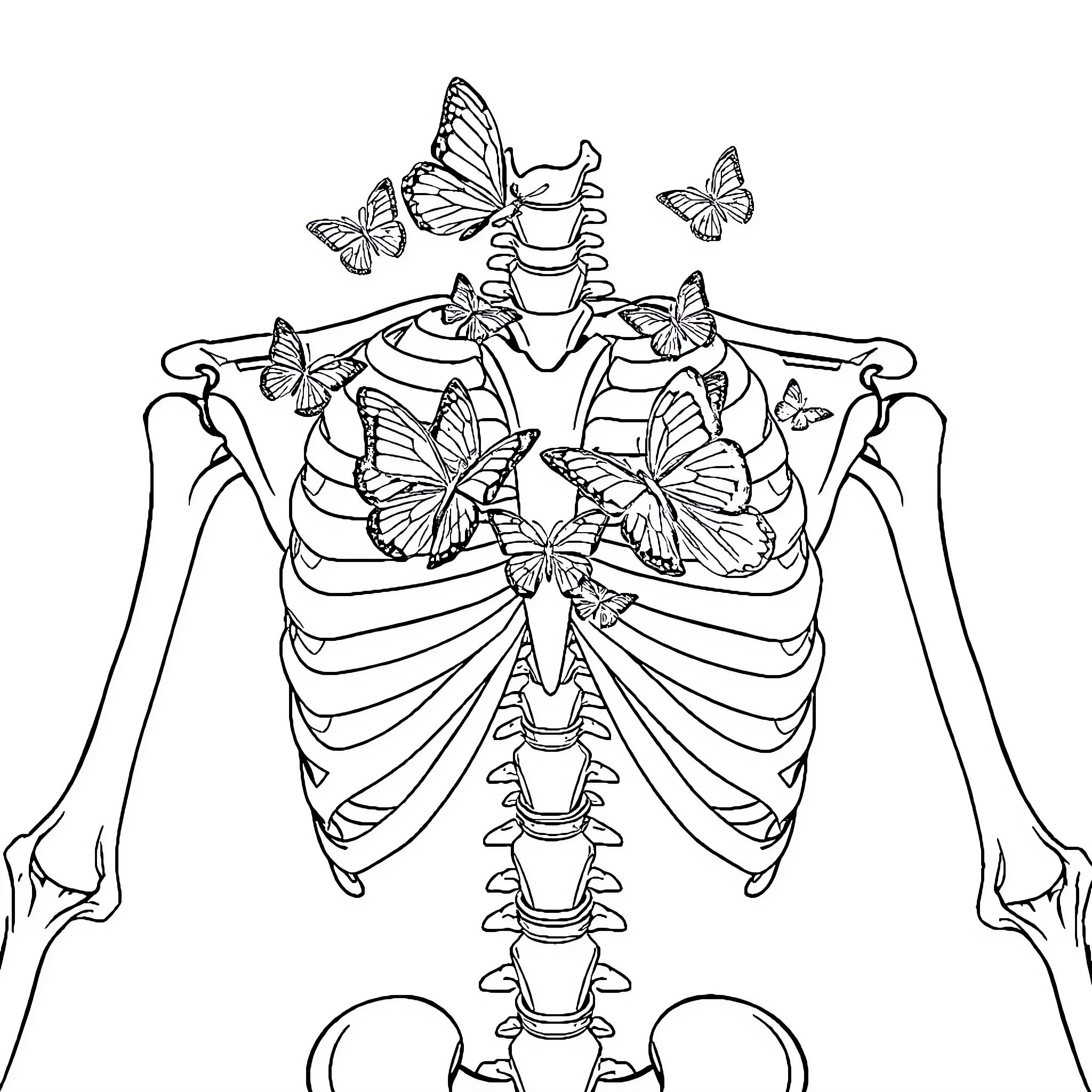Butterfly Skeleton with Fluttering Companions Coloring Page (free black-and-white line drawing printable PDF for all, from beginners to advanced learners, including children, teens, adults, and seniors)