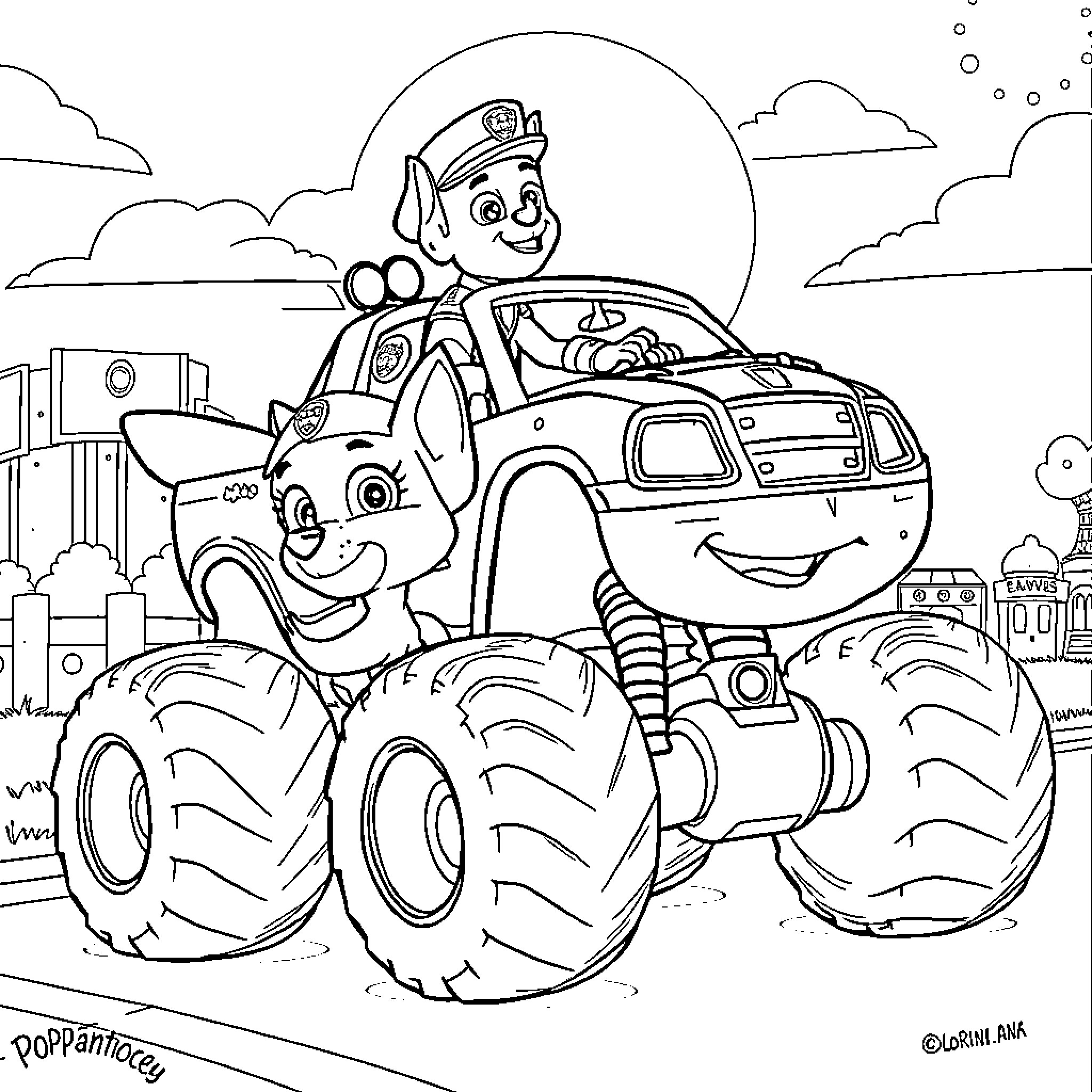 Paw Patrol Monster Truck Adventure Coloring Page (free black-and-white line drawing printable PDF for all, from beginners to advanced learners, including children, teens, adults, and seniors)
