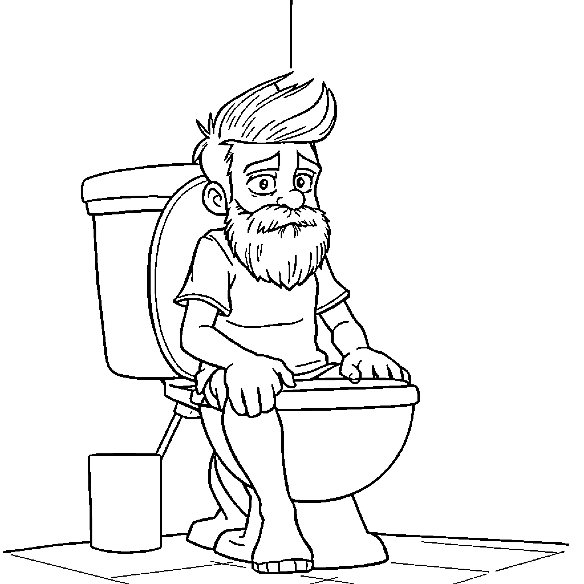 Tyler Sitting on Toilet with Worried Expression Coloring Page (free black-and-white line drawing printable PDF for all, from beginners to advanced learners, including children, teens, adults, and seniors)