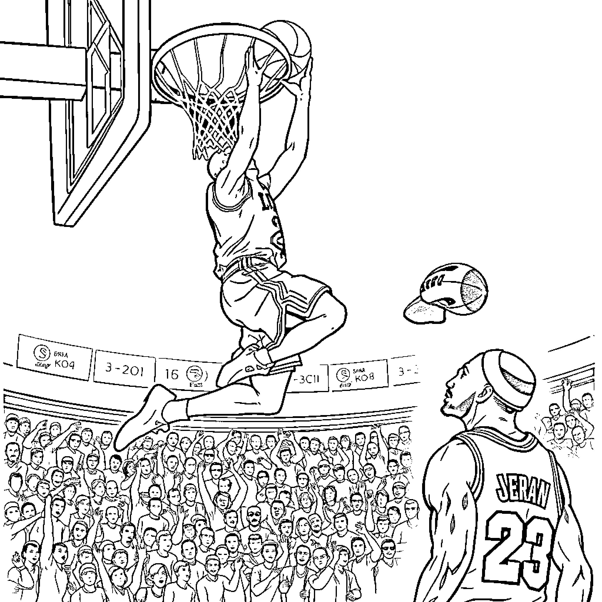 Jordan's Spectacular Basketball Dunk in the Stadium Coloring Page (free black-and-white line drawing printable PDF for all, from beginners to advanced learners, including children, teens, adults, and seniors)