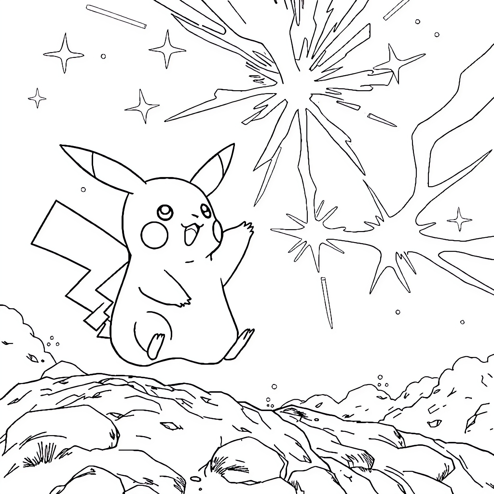 Pikachu enjoying a starry night Coloring Page (free black-and-white line drawing printable PDF for all, from beginners to advanced learners, including children, teens, adults, and seniors)