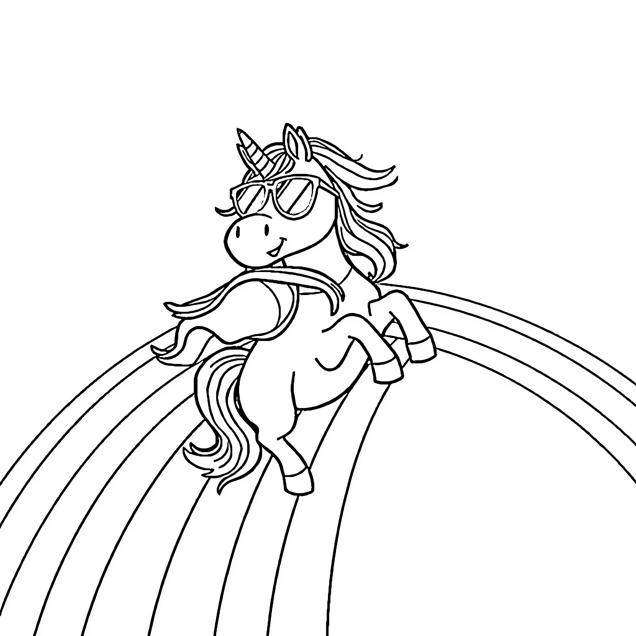 Unicorn riding on a rainbow Coloring Page (free black-and-white line drawing printable PDF for all, from beginners to advanced learners, including children, teens, adults, and seniors)