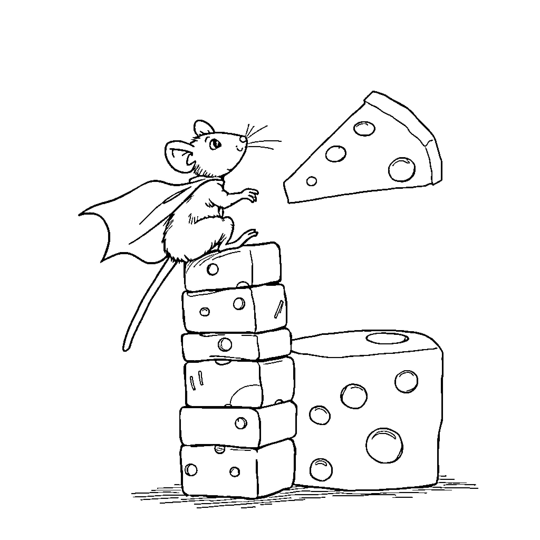 Rat climbing on cheese blocks Coloring Page (free black-and-white line drawing printable PDF for all, from beginners to advanced learners, including children, teens, adults, and seniors)