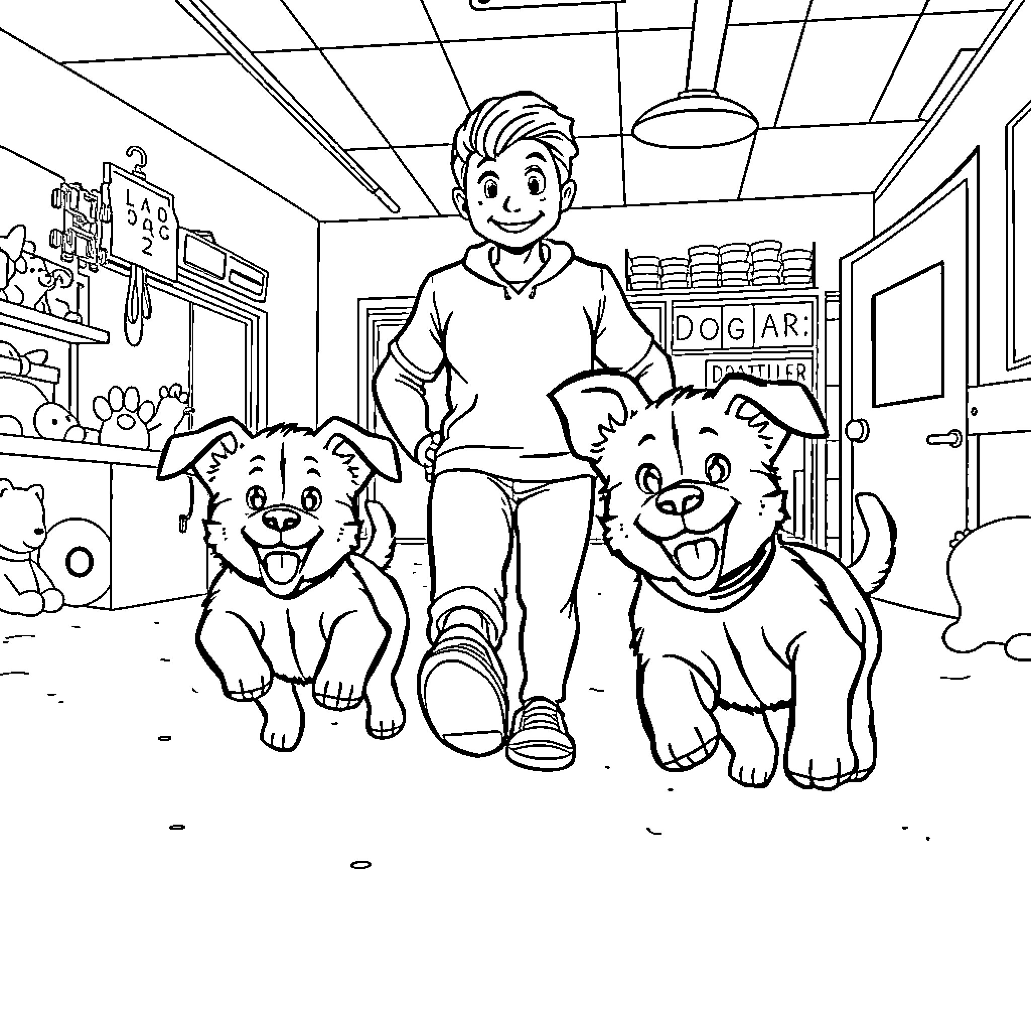 Puppy friends enjoy playtime with owner Coloring Page (free black-and-white line drawing printable PDF for all, from beginners to advanced learners, including children, teens, adults, and seniors)