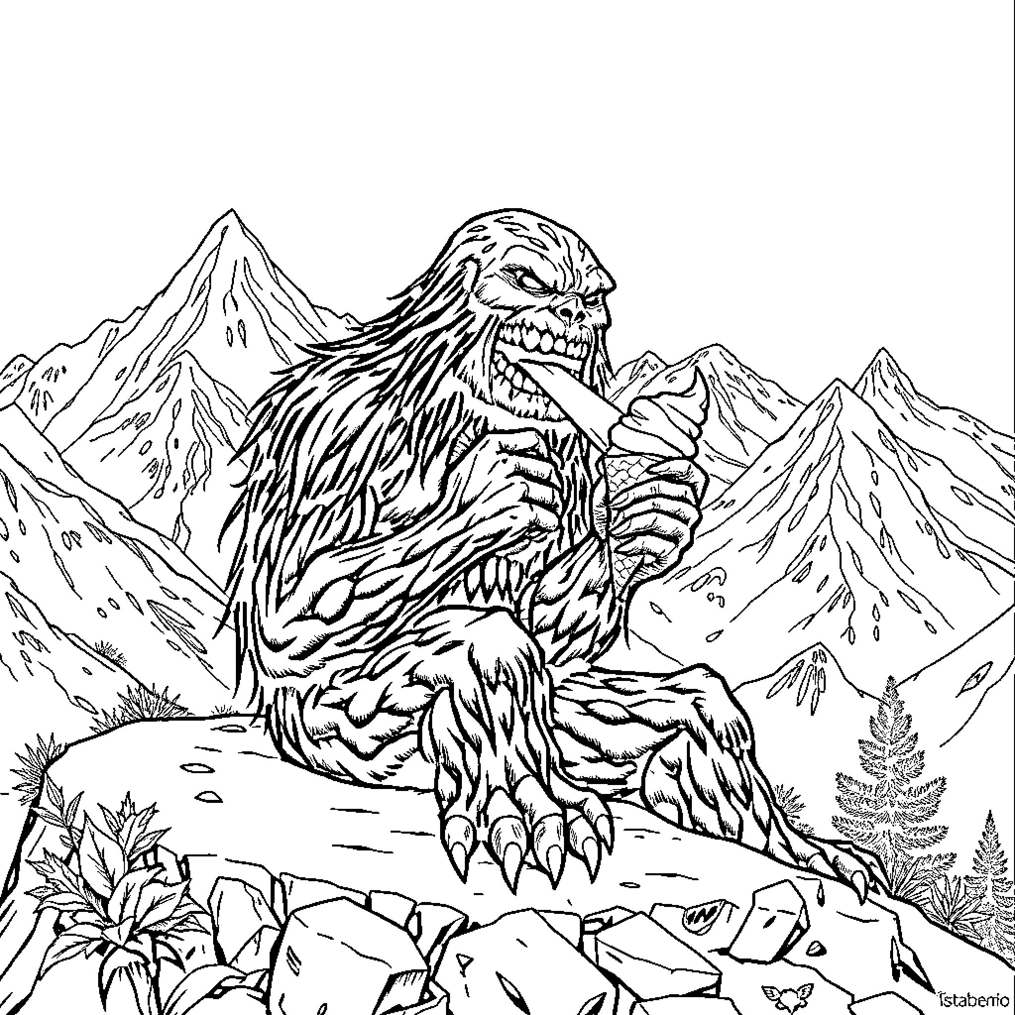 Swamp Thing menaces the mountainous wilderness Coloring Page (free black-and-white line drawing printable PDF for all, from beginners to advanced learners, including children, teens, adults, and seniors)