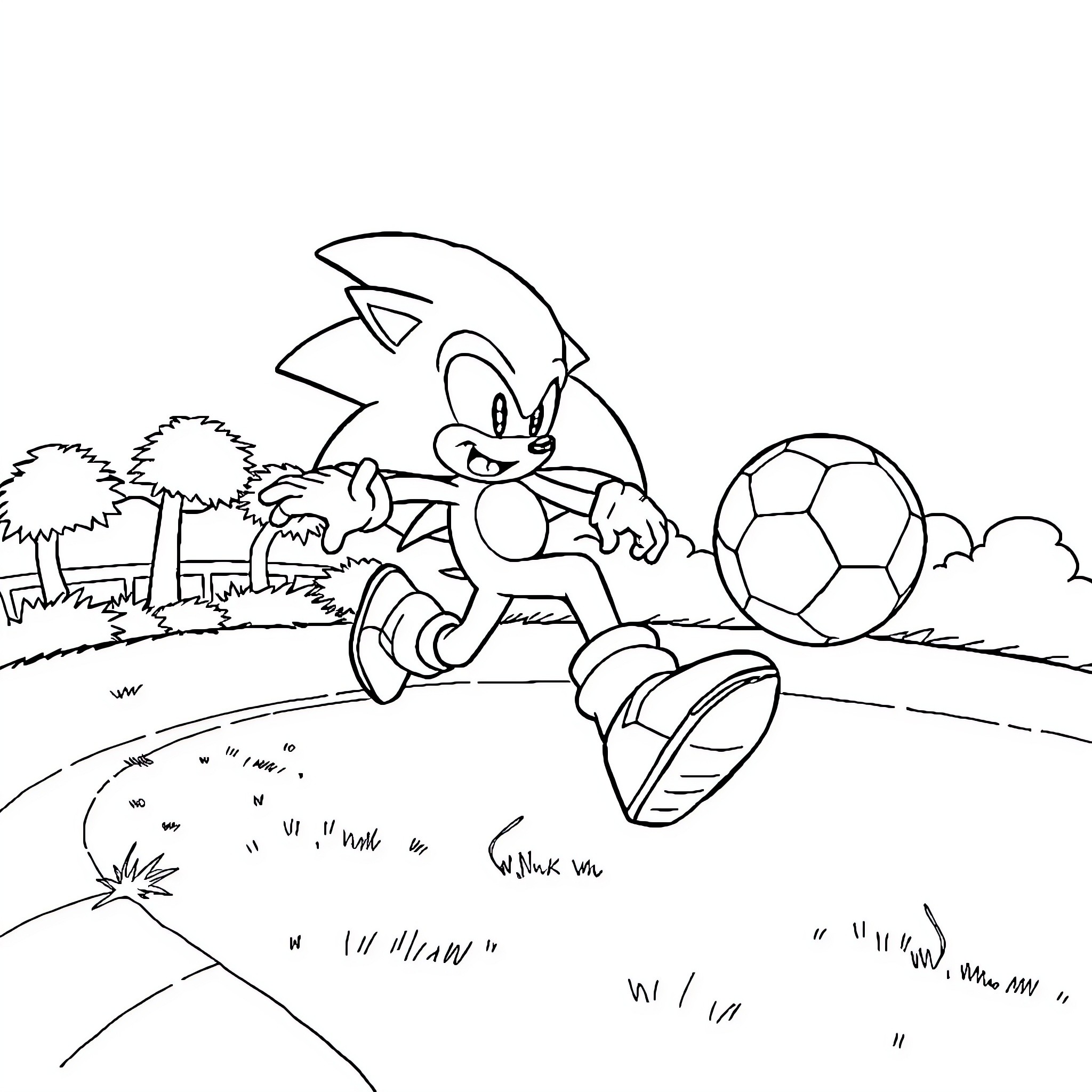 Sonic's Sporty Adventure with a Soccer Ball Coloring Page (free black-and-white line drawing printable PDF for all, from beginners to advanced learners, including children, teens, adults, and seniors)