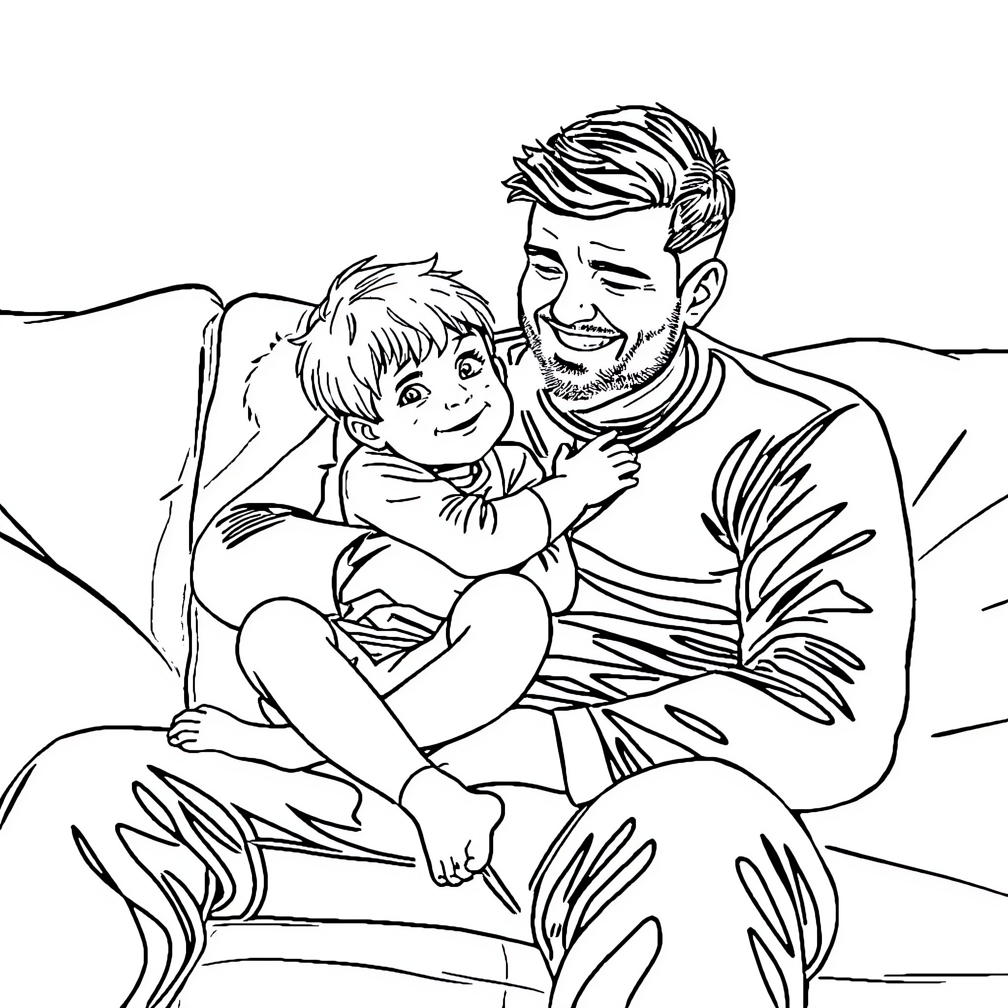Child enjoying quality time with father Coloring Page (free black-and-white line drawing printable PDF for all, from beginners to advanced learners, including children, teens, adults, and seniors)