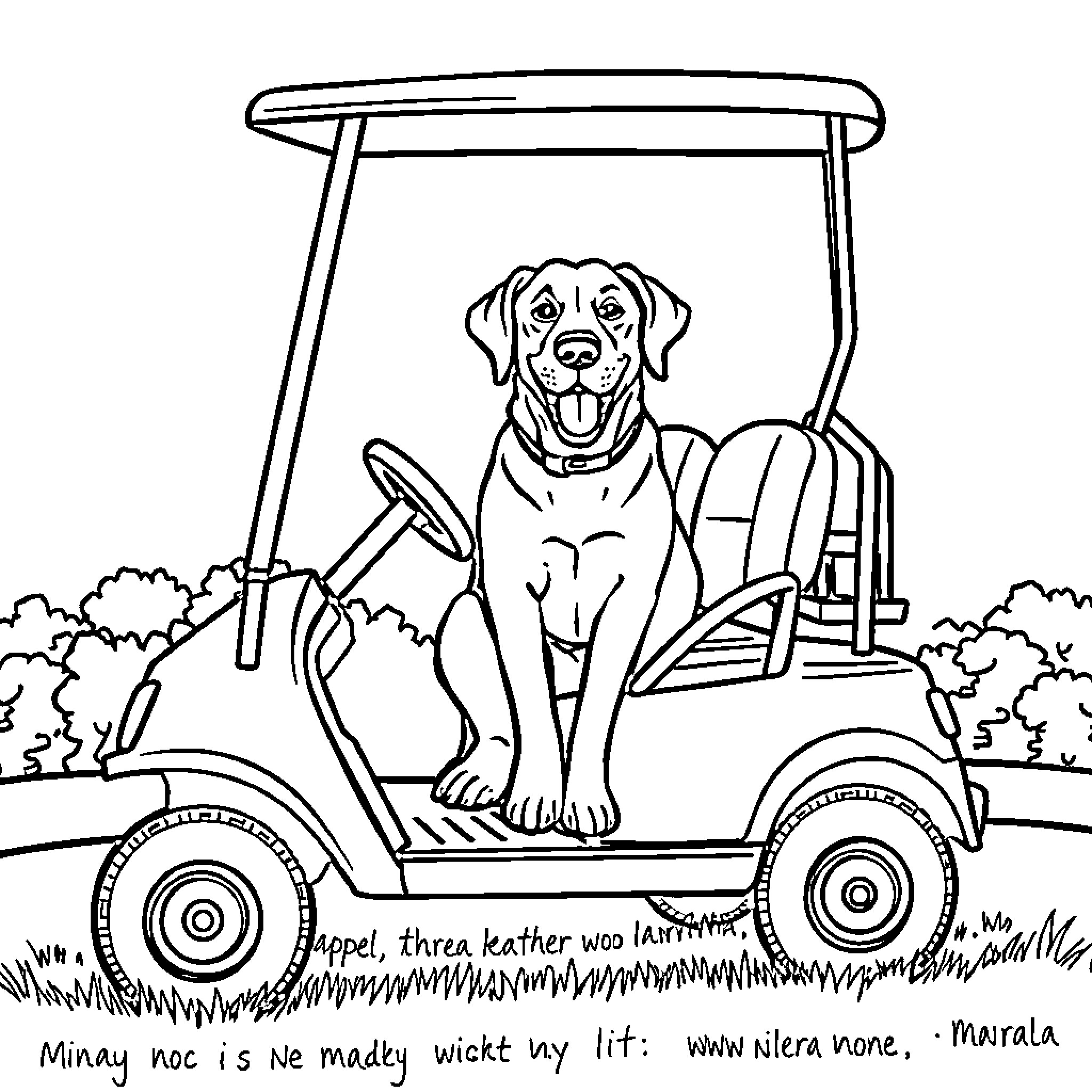 Labrador riding happily in a golf cart Coloring Page (free black-and-white line drawing printable PDF for all, from beginners to advanced learners, including children, teens, adults, and seniors)