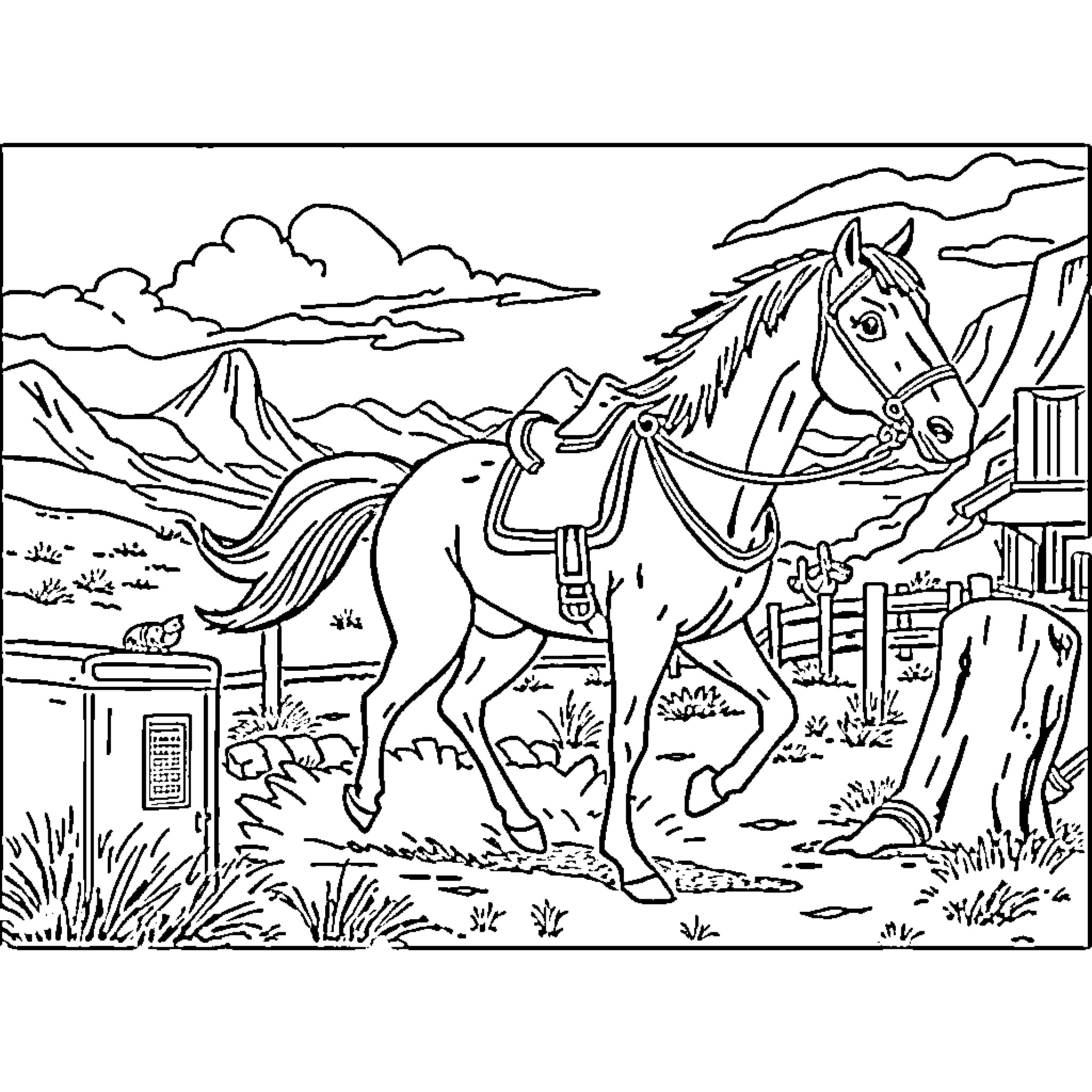Horse in Scenic Mountain Landscape Coloring Page (free black-and-white line drawing printable PDF for all, from beginners to advanced learners, including children, teens, adults, and seniors)