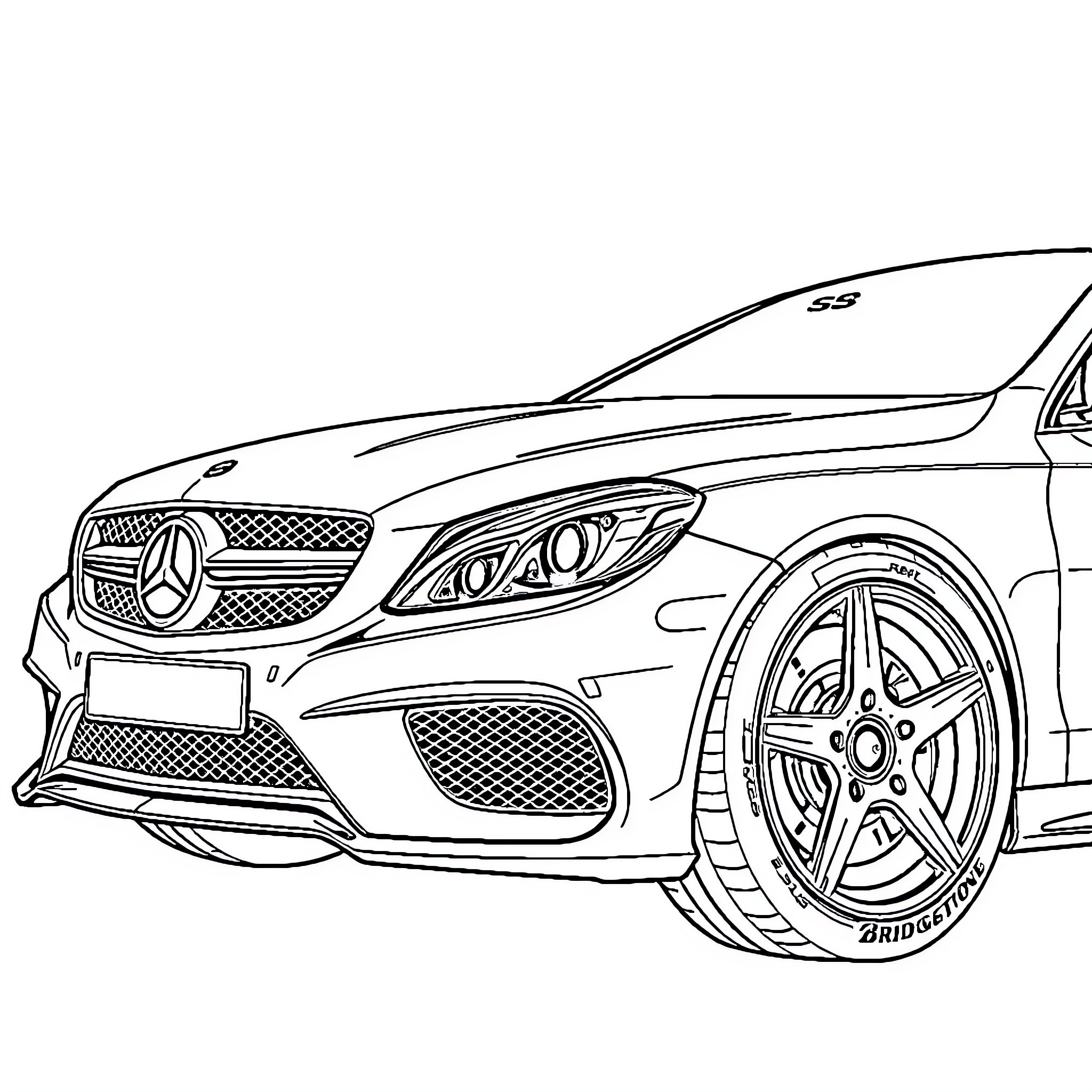 Mercedes sports car with stylish design and details Coloring Page (free black-and-white line drawing printable PDF for all, from beginners to advanced learners, including children, teens, adults, and seniors)