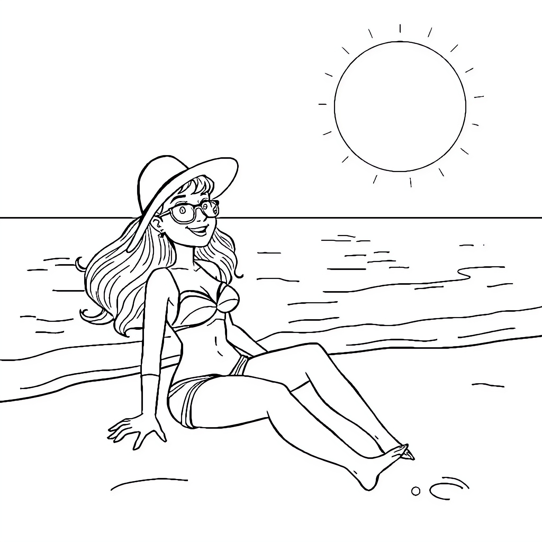 Monica sunbathing peacefully on the beach Coloring Page (free black-and-white line drawing printable PDF for all, from beginners to advanced learners, including children, teens, adults, and seniors)