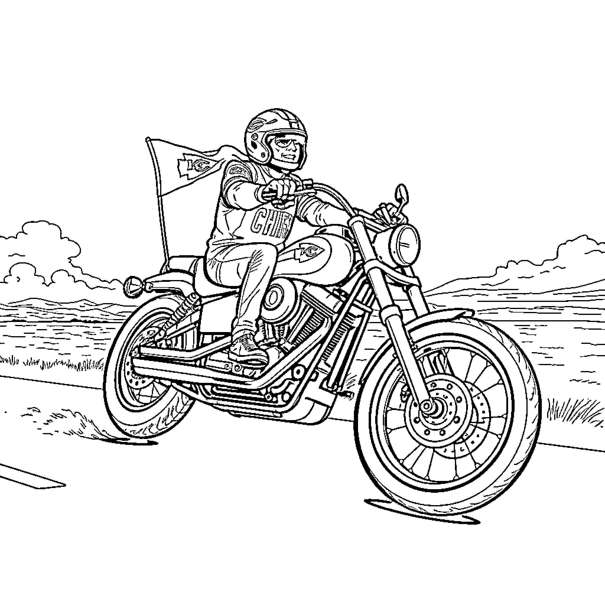 Harley riding motorcycle on the open road Coloring Page (free black-and-white line drawing printable PDF for all, from beginners to advanced learners, including children, teens, adults, and seniors)