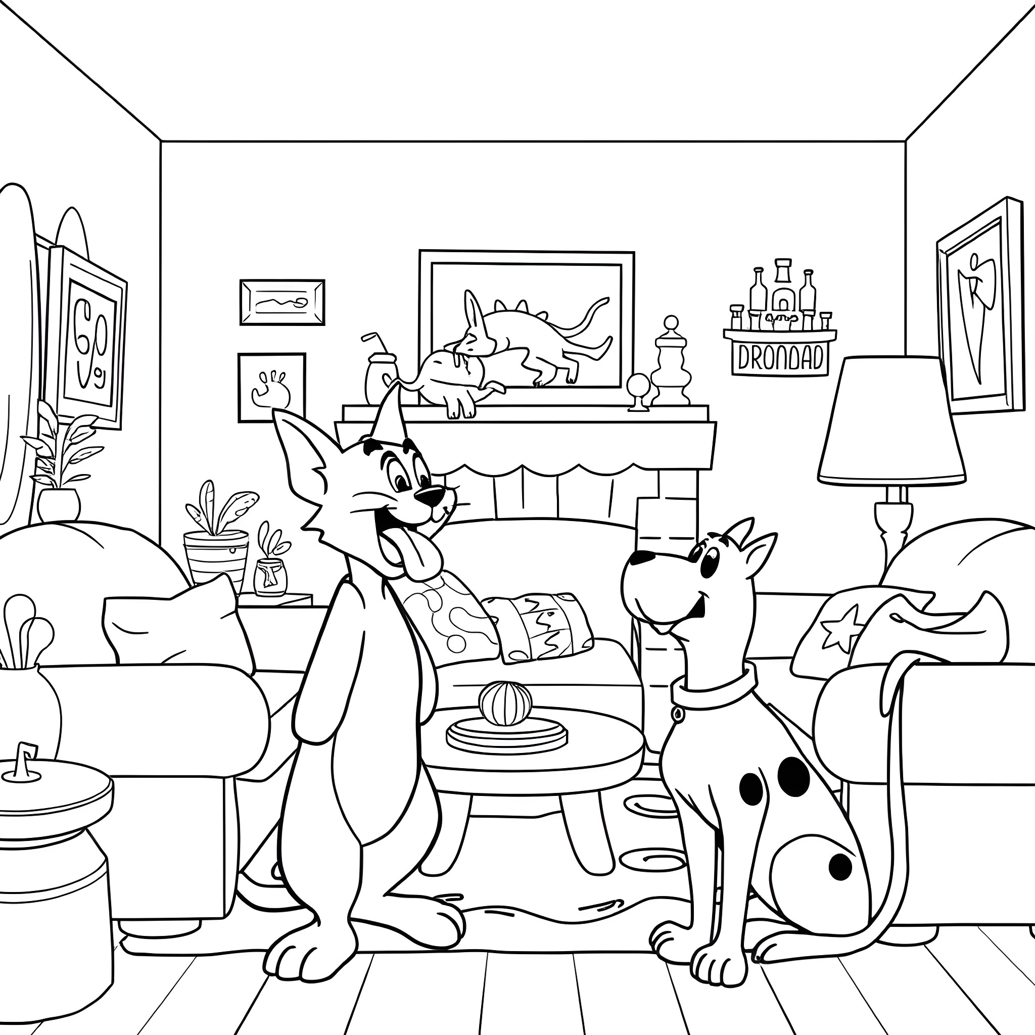 Jerry's Playful Antics in the Cozy Living Room Coloring Page (free black-and-white line drawing printable PDF for all, from beginners to advanced learners, including children, teens, adults, and seniors)