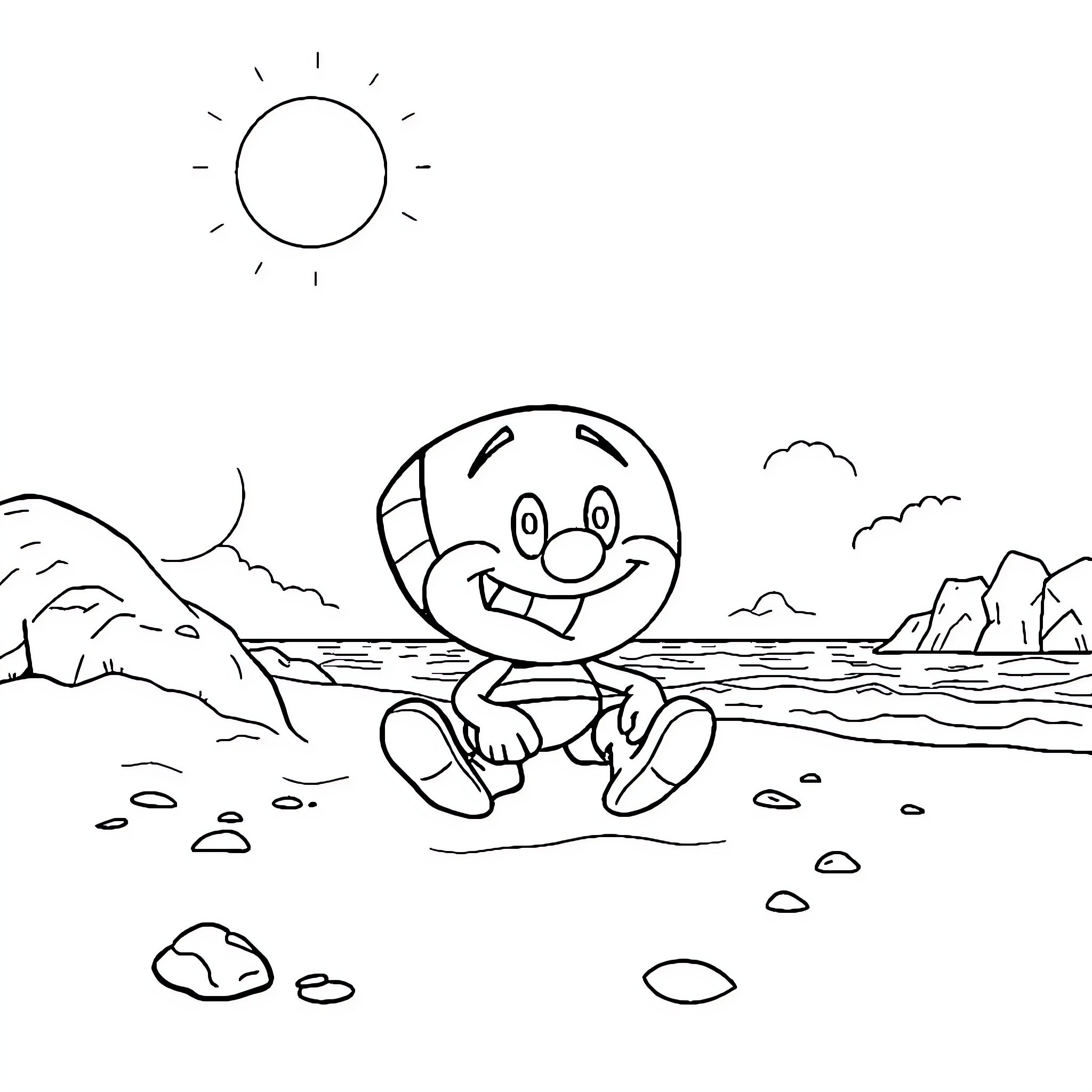 Cuphead enjoying the beach on a sunny day Coloring Page (free black-and-white line drawing printable PDF for all, from beginners to advanced learners, including children, teens, adults, and seniors)