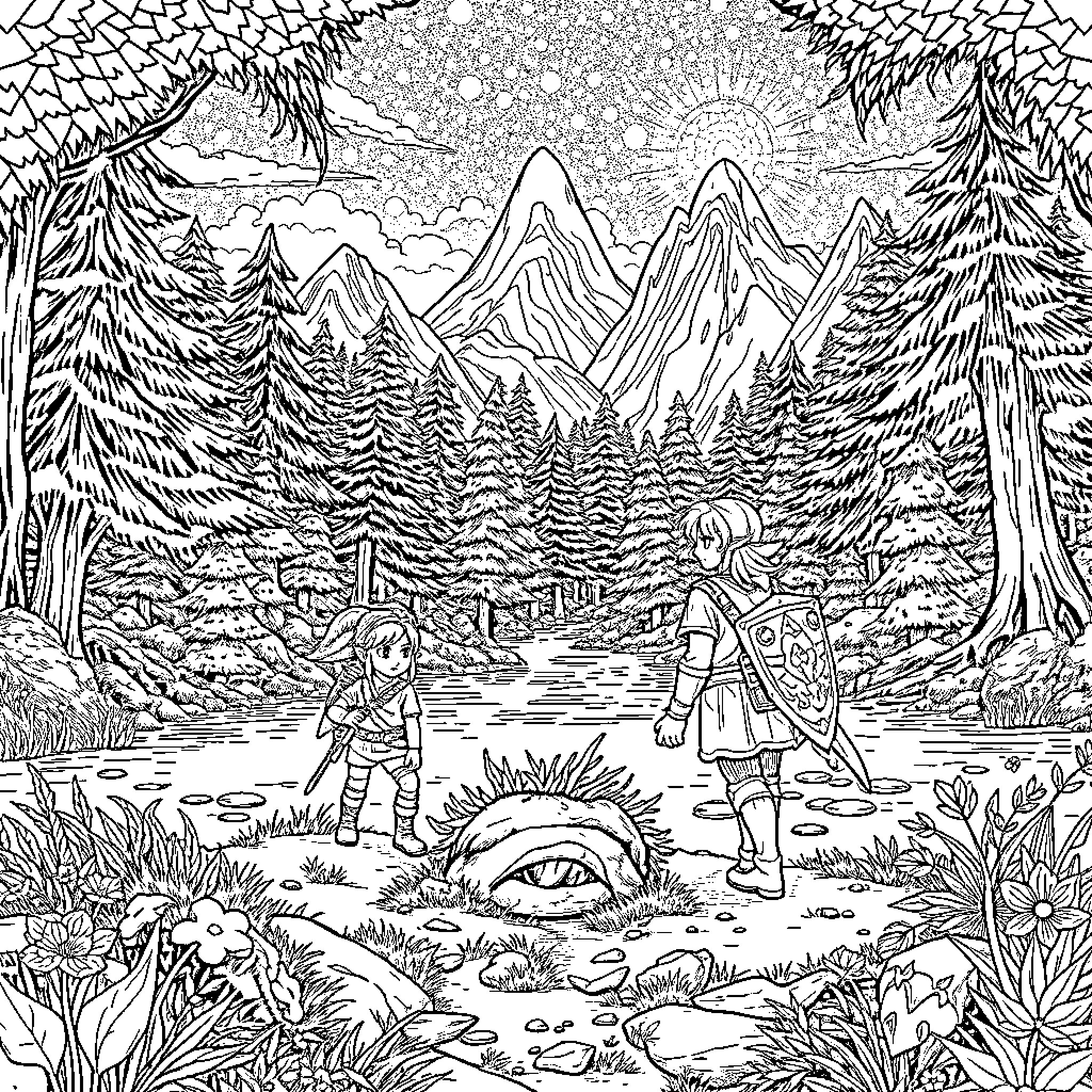 Zelda: Adventure in the Enchanted Forest Coloring Page (free black-and-white line drawing printable PDF for all, from beginners to advanced learners, including children, teens, adults, and seniors)
