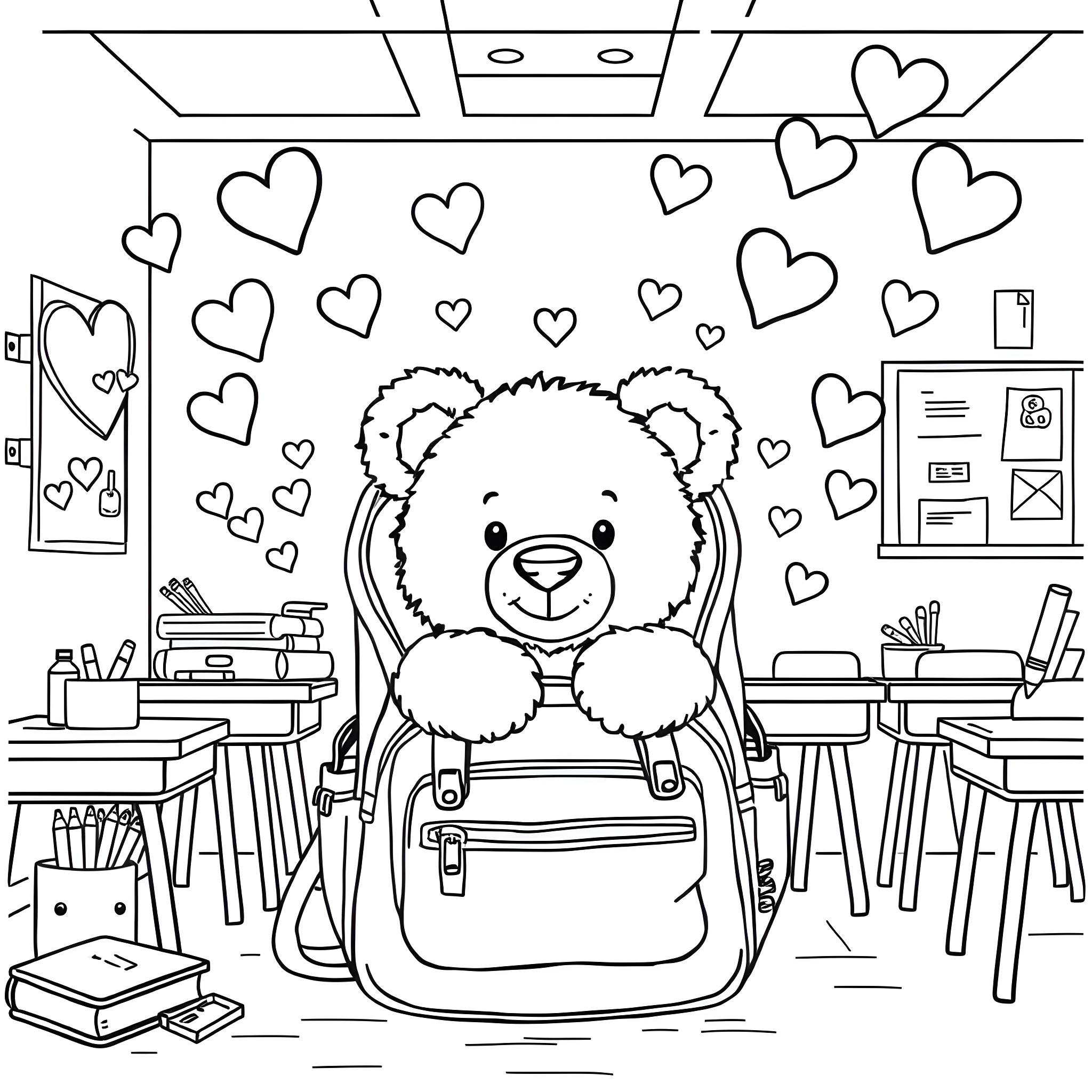 Teddy Bear sitting in backpack with hearts in classroom Coloring Page (free black-and-white line drawing printable PDF for all, from beginners to advanced learners, including children, teens, adults, and seniors)