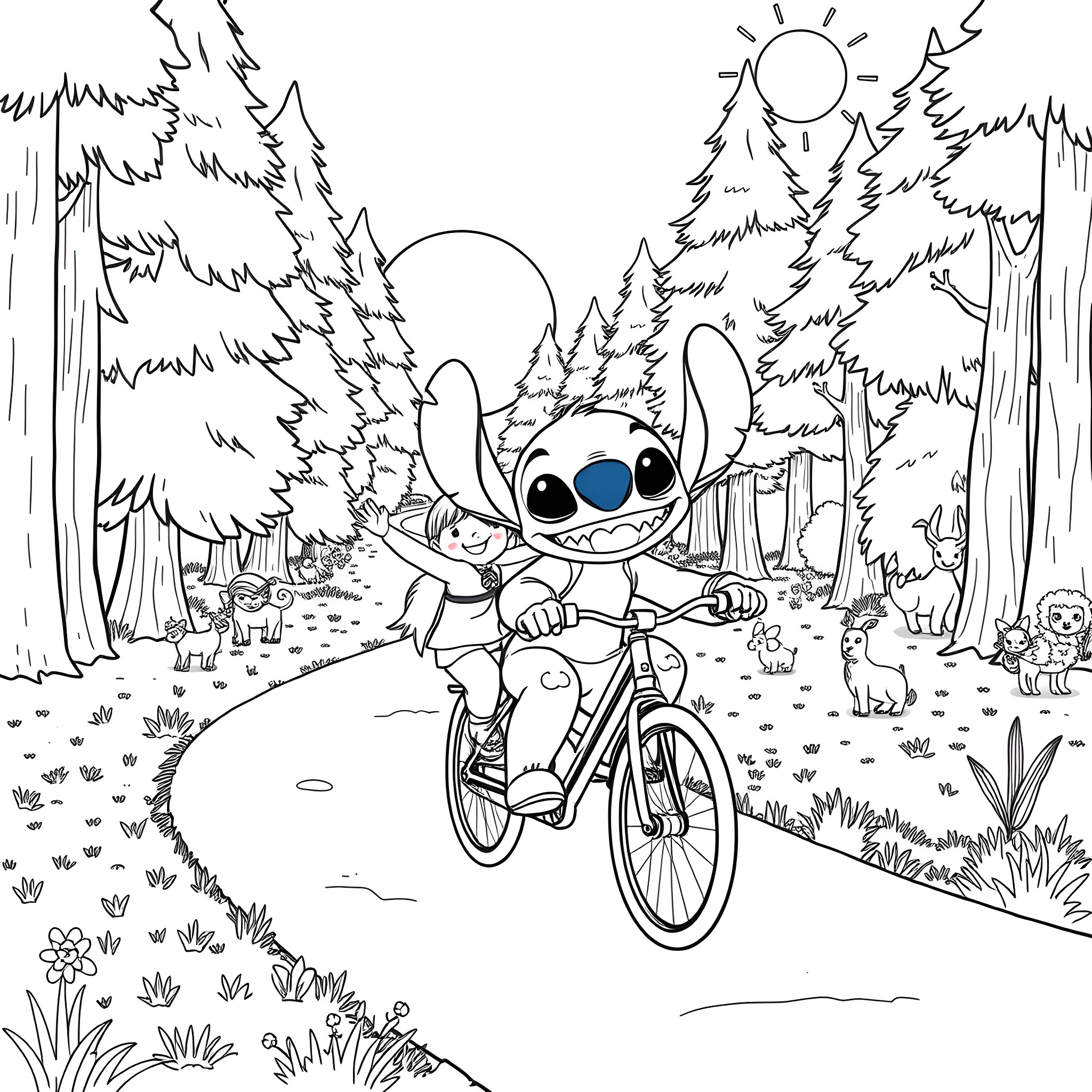 Bicycle riding through enchanted forest Coloring Page (free black-and-white line drawing printable PDF for all, from beginners to advanced learners, including children, teens, adults, and seniors)