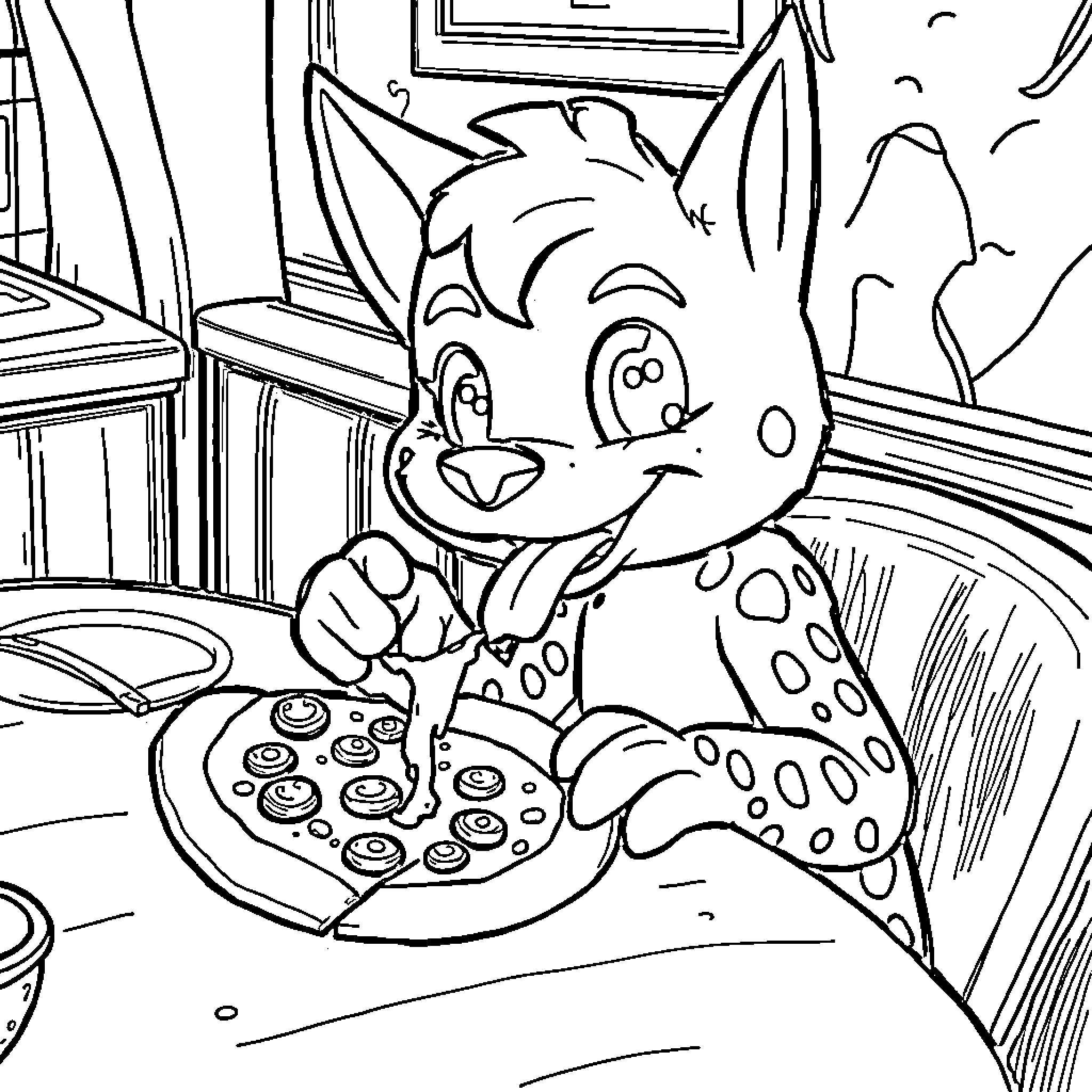 Huntrix playing with pizza in the room Coloring Page (free black-and-white line drawing printable PDF for all, from beginners to advanced learners, including children, teens, adults, and seniors)
