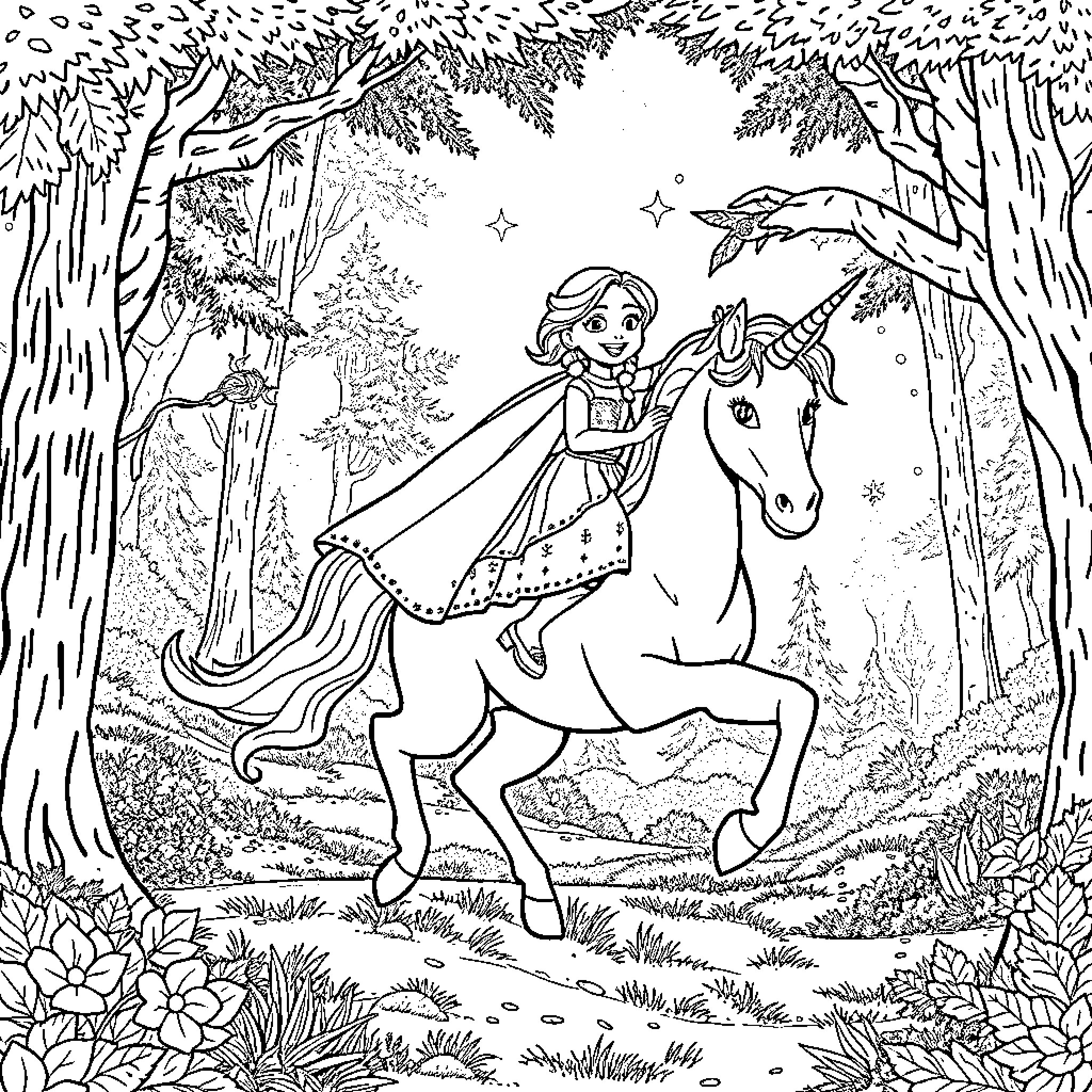 Frozen Girl riding a magical unicorn in the enchanted forest Coloring Page (free black-and-white line drawing printable PDF for all, from beginners to advanced learners, including children, teens, adults, and seniors)