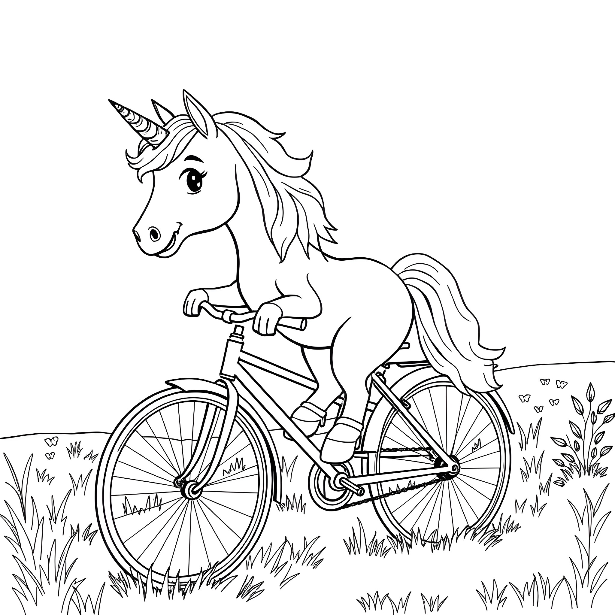 Pony riding a bicycle in a field Coloring Page (free black-and-white line drawing printable PDF for all, from beginners to advanced learners, including children, teens, adults, and seniors)