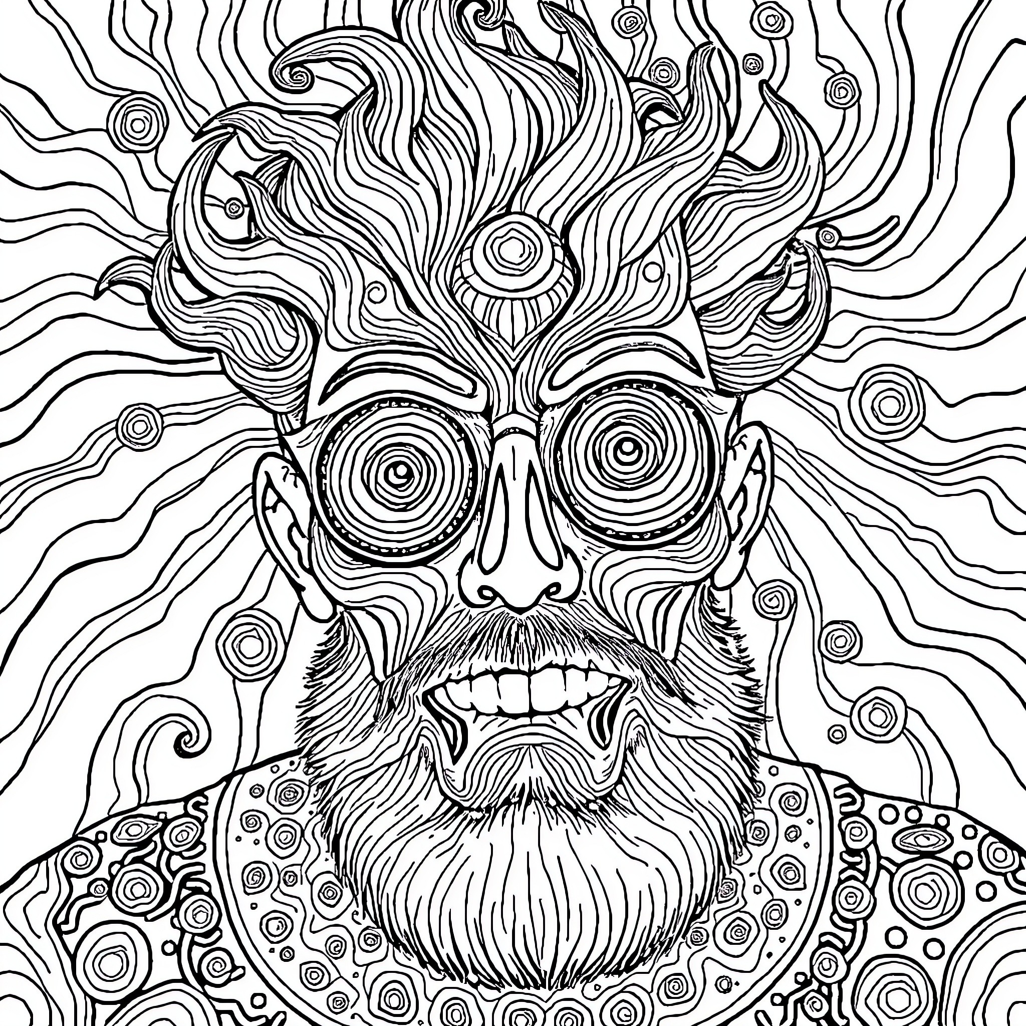 Cyclops with flowing hair and psychedelic patterns Coloring Page (free black-and-white line drawing printable PDF for all, from beginners to advanced learners, including children, teens, adults, and seniors)