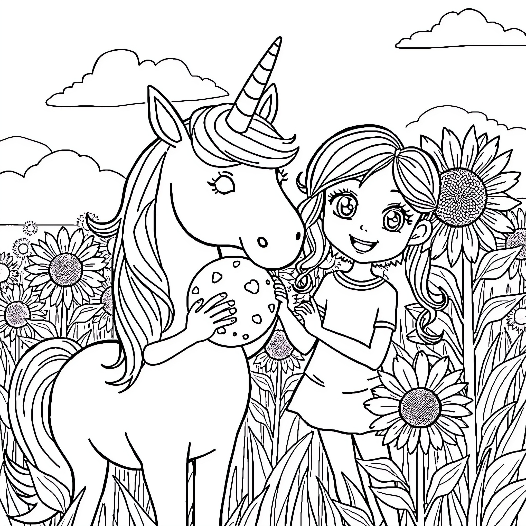 Girl and Unicorn in Flower Field Coloring Page (free black-and-white line drawing printable PDF for all, from beginners to advanced learners, including children, teens, adults, and seniors)