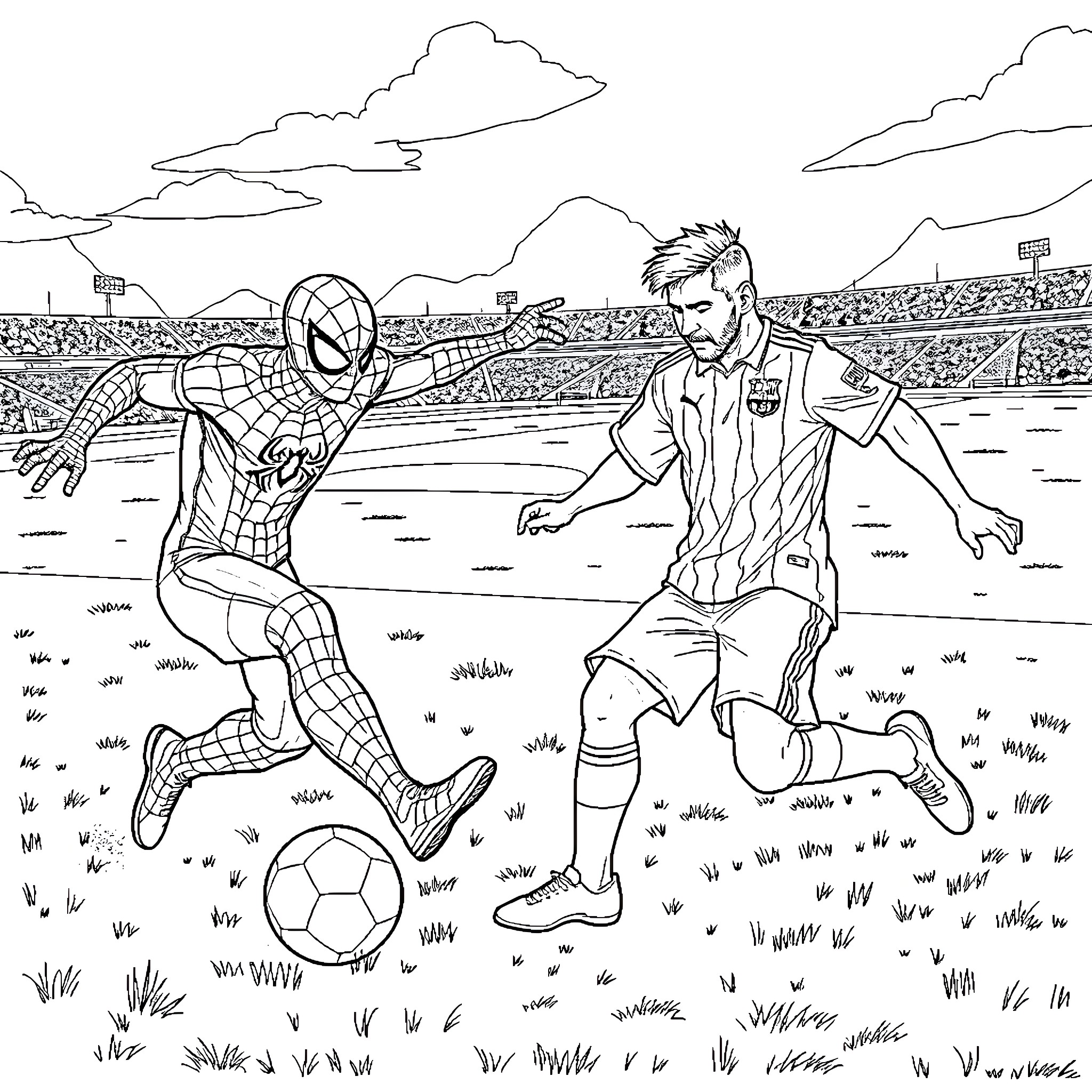 Spider-Man playing soccer with a man Coloring Page (free black-and-white line drawing printable PDF for all, from beginners to advanced learners, including children, teens, adults, and seniors)