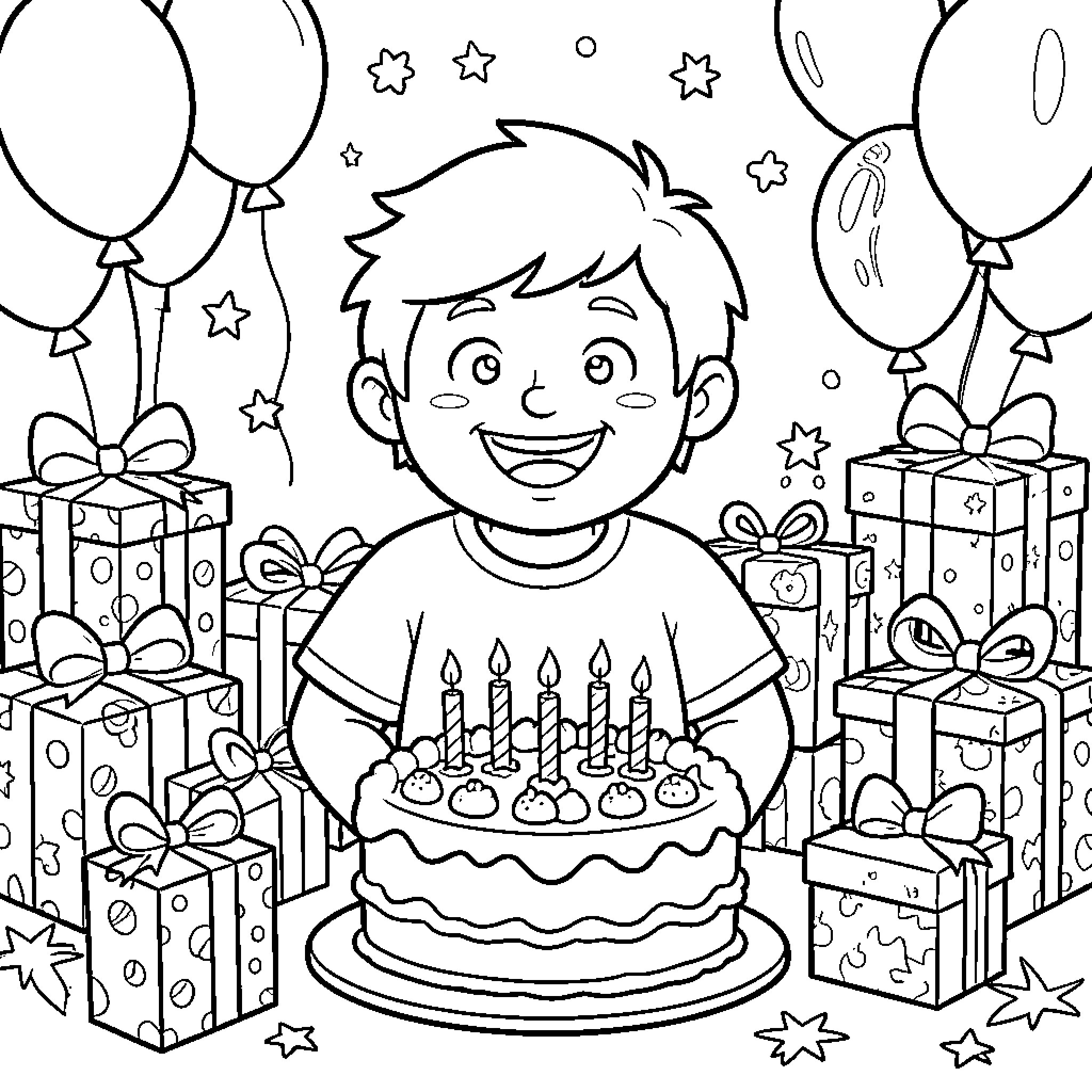 Birthday Party with Cake and Gifts Coloring Page (free black-and-white line drawing printable PDF for all, from beginners to advanced learners, including children, teens, adults, and seniors)
