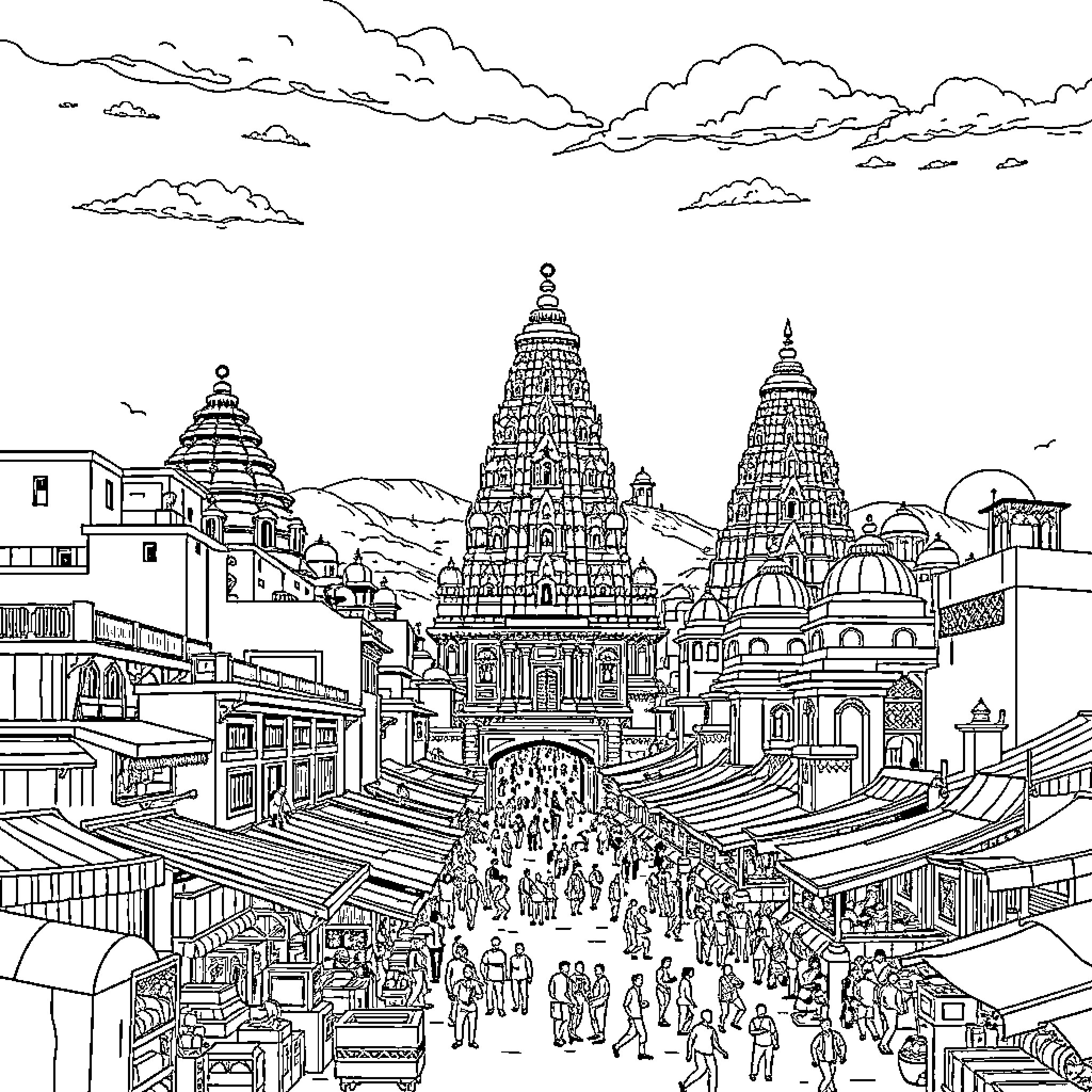 City bustling with diverse people and architecture Coloring Page (free black-and-white line drawing printable PDF for all, from beginners to advanced learners, including children, teens, adults, and seniors)