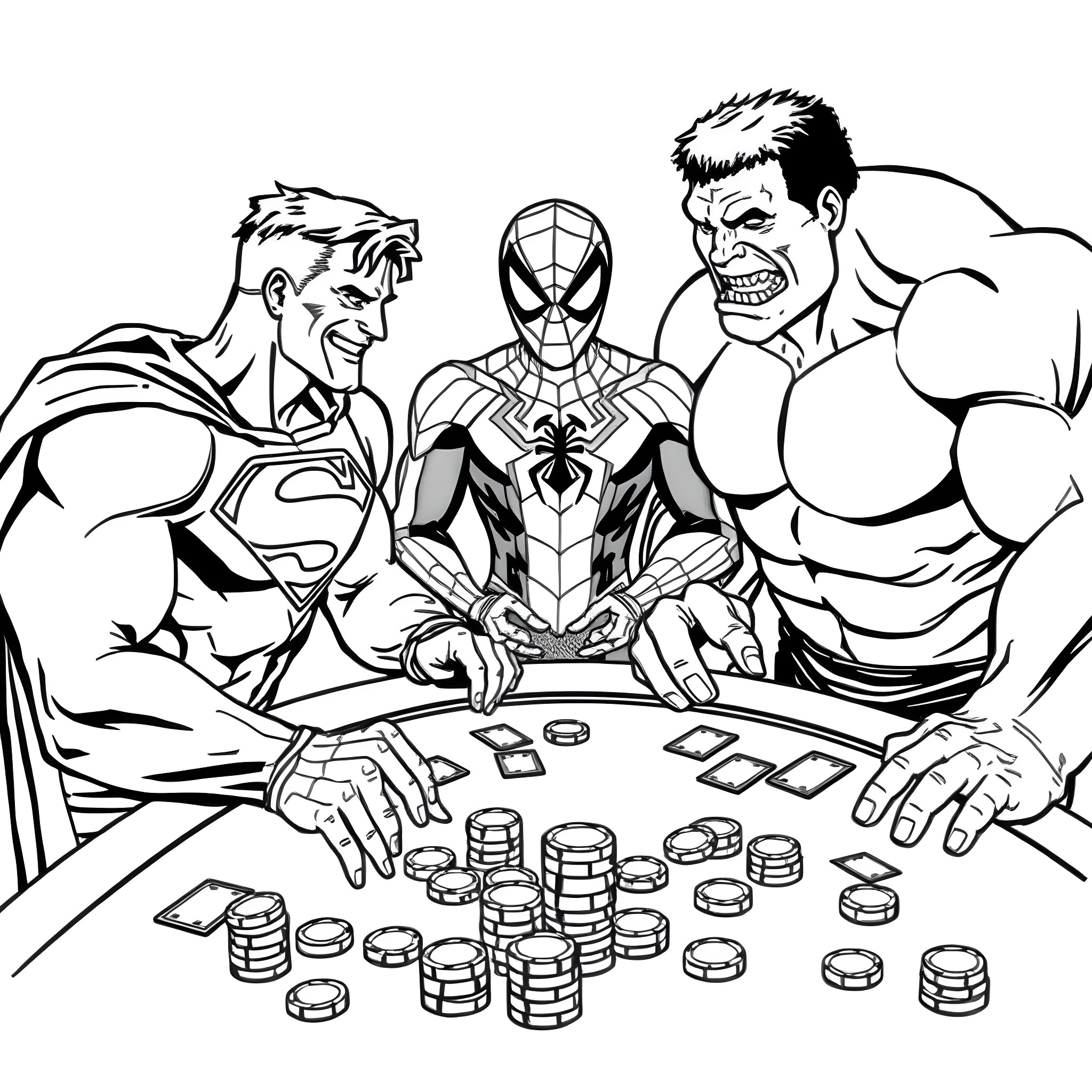 Superhero Heroes Facing Off Over Poker Game Coloring Page (free black-and-white line drawing printable PDF for all, from beginners to advanced learners, including children, teens, adults, and seniors)