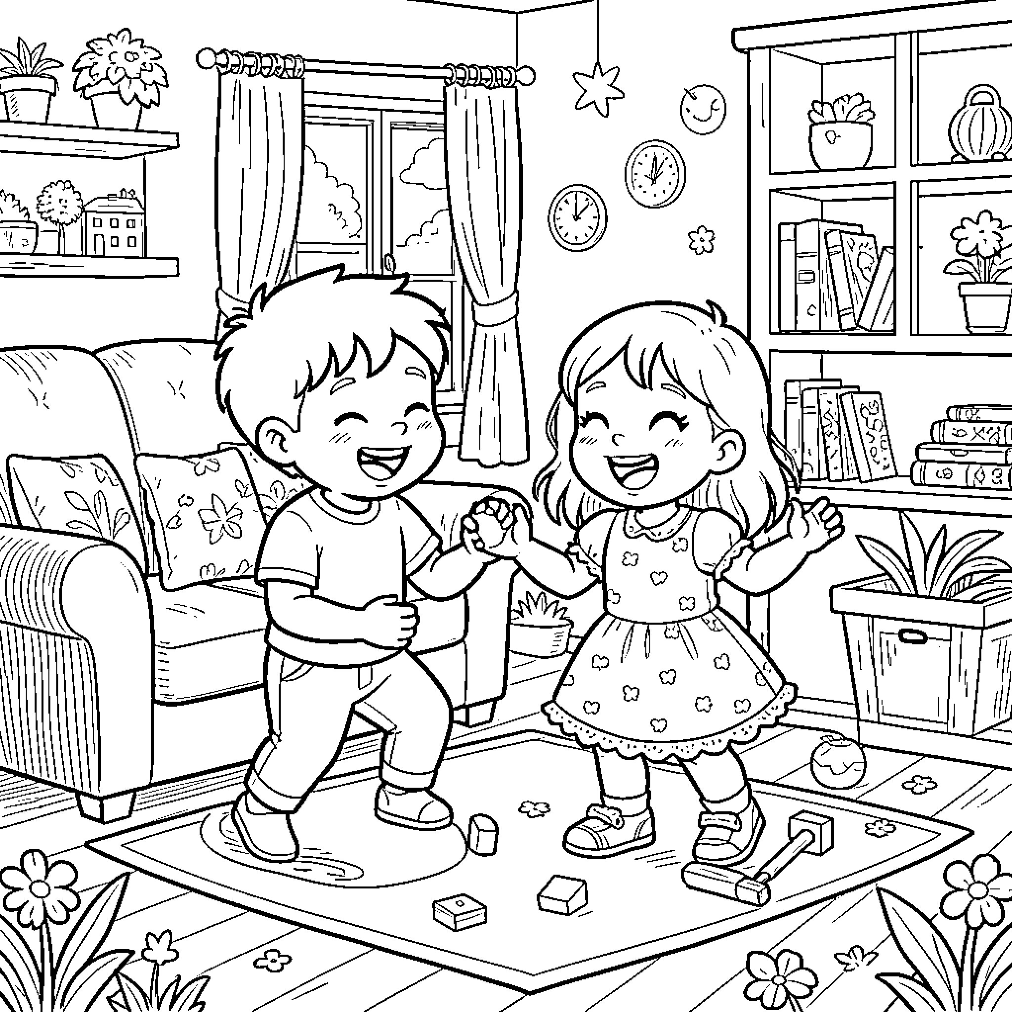 Children playing joyfully in their cozy home Coloring Page (free black-and-white line drawing printable PDF for all, from beginners to advanced learners, including children, teens, adults, and seniors)