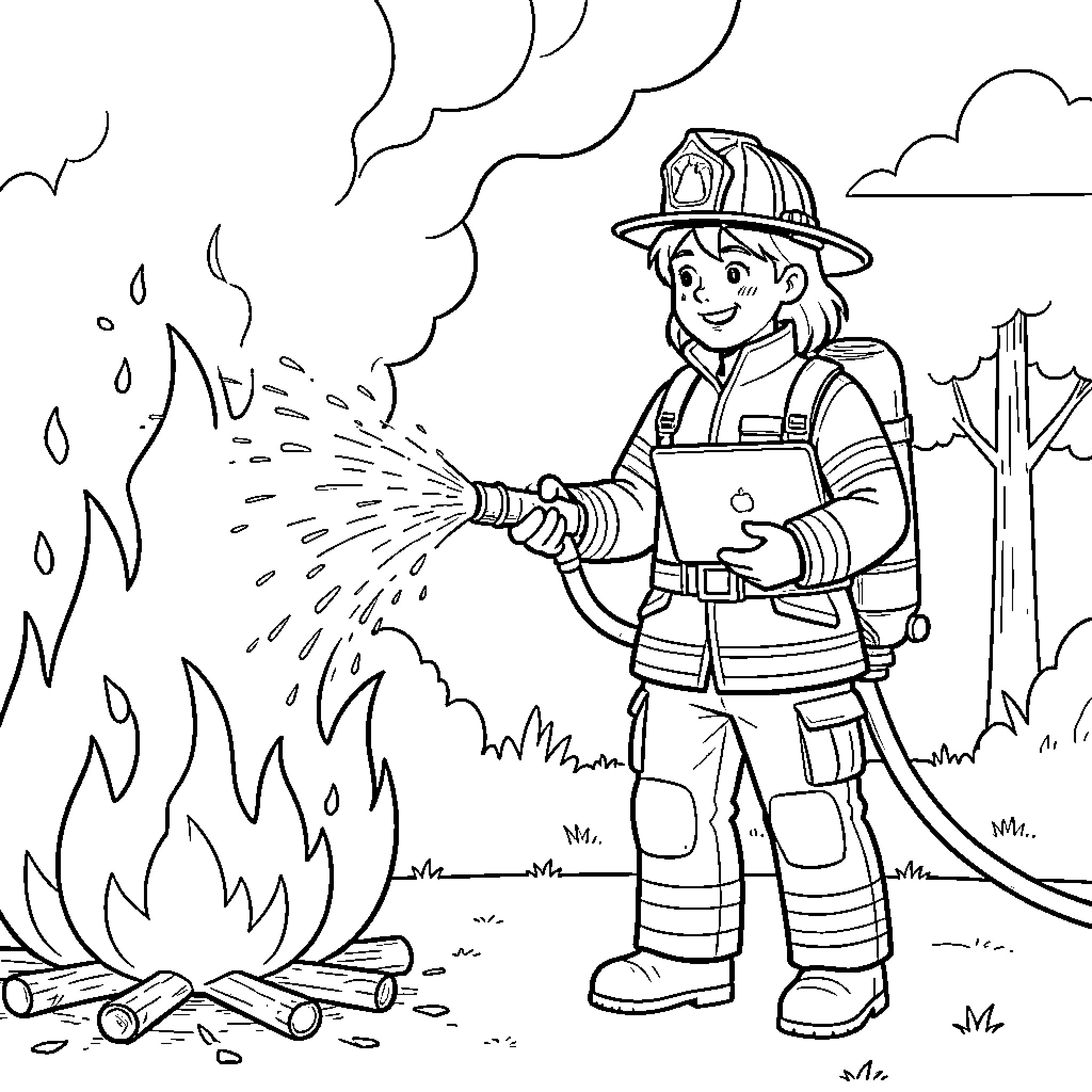 Social Worker extinguishing a campfire with a hose Coloring Page (free black-and-white line drawing printable PDF for all, from beginners to advanced learners, including children, teens, adults, and seniors)