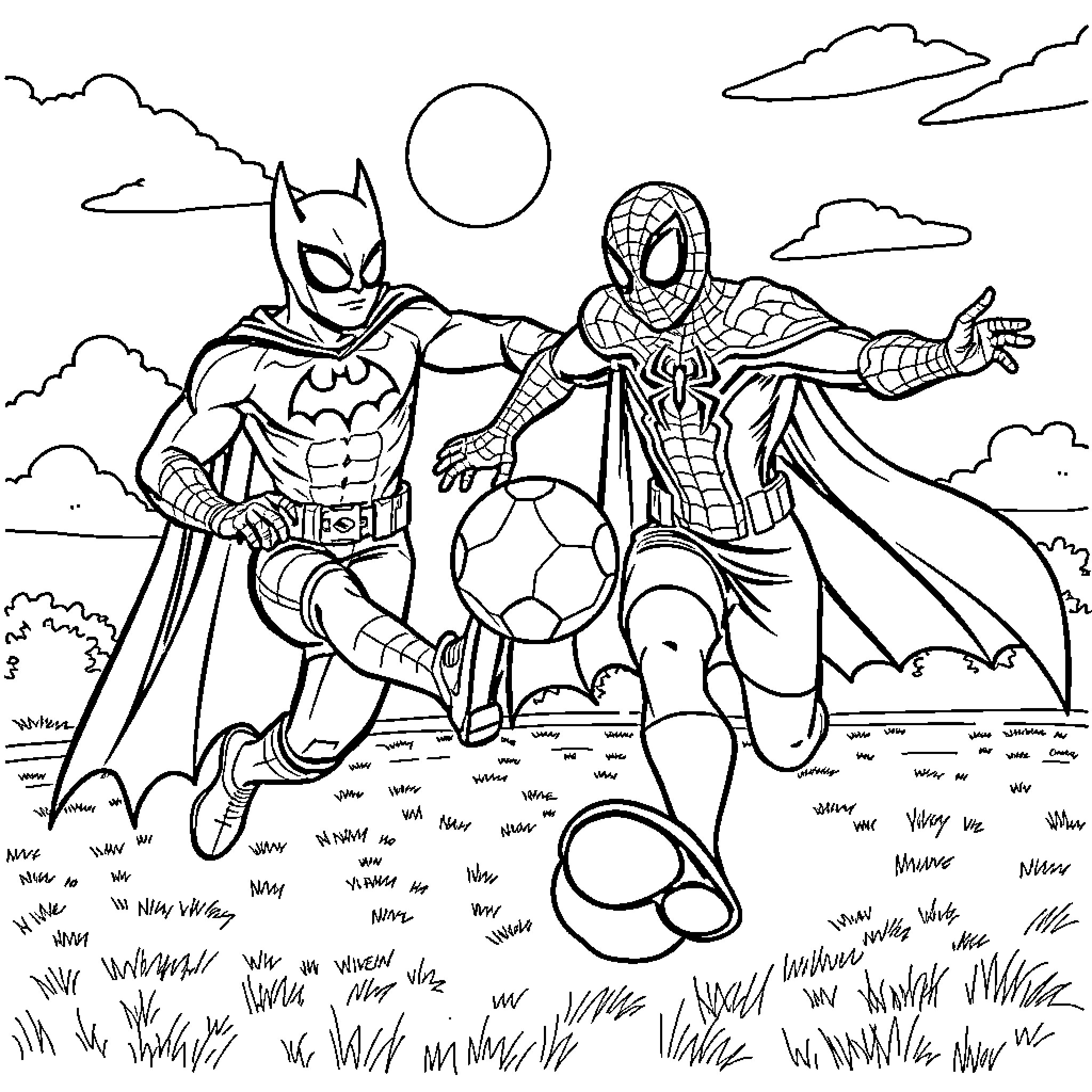 Batman and Spider-Man playing football in the park Coloring Page (free black-and-white line drawing printable PDF for all, from beginners to advanced learners, including children, teens, adults, and seniors)